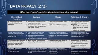 DATA PRIVACY (2/2)
What does “good” look like when it comes to data privacy?
Overall Best
Practices
Capture Usage Retention & Erasure
Be extremely transparent
People don’t typically read
disclosures
• Always obtain consent to access
and use personal data
• When obtaining consent, think of
the people – easy to read, jargon-
free, mobile friendly
• Share how providing data helps
the them –
• High-level and detailed versions
• Tell customers what data will be
retained, for how long, and in
what form:
- De-identified vs. identified
- Single data pull vs. ongoing
feed
- Physical vs. electronic
Keep all data confidential
Especially with personal data,
maintaining confidentiality
preserves trust
• Check personal disclosures of
data acquired from partners
• Highlight confidentiality when
acquiring data
• Be particularly careful with identity
• Proactively notify people when
sharing their data with 3rd parties
• Only use the data for its intended
purpose –
• Upon erasure, ensure data is
completely deleted across where
it’s stored – incl. with partners,
redundant servers, etc.
Let customers “own” their data
Whether or not this is legally
the case. To maintain their
trust, act as if their data is
their own
• Where possible, allow people to
opt-out of specific data access
• Where possible, allow people to
opt-out of specific data uses –
• Have a process for people to
request updates to, correction of,
or erasure of their information
• Have a process to withdraw
consent
Take, keep, and use only
what’s valuable
All data carries risk,
• Don’t collect all data for all people
– identify the pieces which drive
the most value, and don’t collect
the rest
• Be particularly conscious of
regulation when using sensitive
classifications
• “Sunshine test”
• Set a retention policy for customer
data –
• Have a “what data should we
keep” process
 
