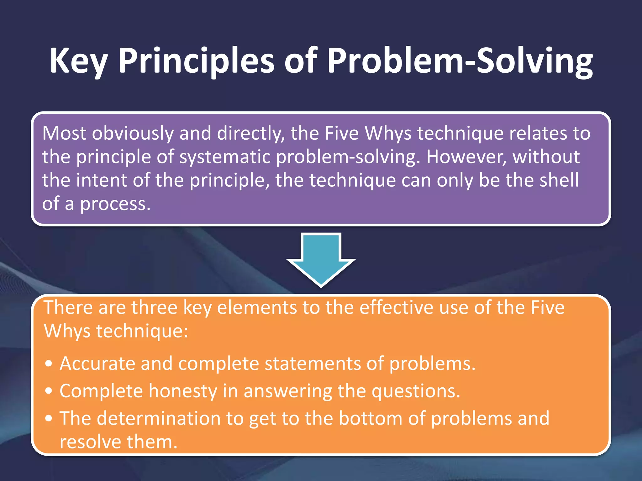 Key Principles of Problem-Solving
Most obviously and directly, the Five Whys technique relates to
the principle of systematic problem-solving. However, without
the intent of the principle, the technique can only be the shell
of a process.
There are three key elements to the effective use of the Five
Whys technique:
• Accurate and complete statements of problems.
• Complete honesty in answering the questions.
• The determination to get to the bottom of problems and
resolve them.
 