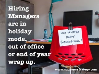 Hiring
Managers
are in
holiday
mode,
out of ofﬁce
or end of year
wrap up.
 