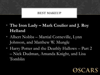 BEST MAKEUP


• The Iron Lady – Mark Coulier and J. Roy
  Helland
• Albert Nobbs – Martial Corneville, Lynn
  Johnson, and Matthew W. Mungle
• Harry Potter and the Deathly Hallows – Part 2
  – Nick Dudman, Amanda Knight, and Lisa
  Tomblin
 