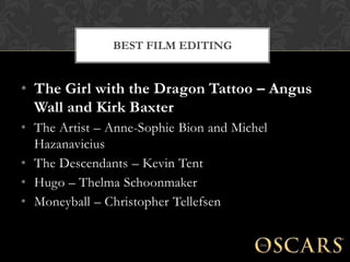 BEST VISUAL EFFECTS


• Hugo – Rob Legato, Joss Williams, Ben
  Grossmann, and Alex Henning
• Harry Potter and the Deathly...