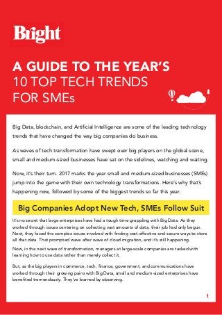 1
A GUIDE TO THE YEAR’S
10 TOP TECH TRENDS
FOR SMEs
Big Data, blockchain, and Artificial Intelligence are some of the leading technology
trends that have changed the way big companies do business.
As waves of tech transformation have swept over big players on the global scene,
small and medium-sized businesses have sat on the sidelines, watching and waiting.
Now, it’s their turn. 2017 marks the year small and medium-sized businesses (SMEs)
jump into the game with their own technology transformations. Here’s why that’s
happening now, followed by some of the biggest trends so far this year.
Big Companies Adopt New Tech, SMEs Follow Suit
It’s no secret that large enterprises have had a tough time grappling with Big Data. As they
worked through issues centering on collecting vast amounts of data, their job had only begun.
Next, they faced the complex issues involved with finding cost-effective and secure ways to store
all that data. That prompted wave after wave of cloud migration, and it’s still happening.
Now, in the next wave of transformation, managers at large-scale companies are tasked with
learning how to use data rather than merely collect it.
But, as the big players in commerce, tech, finance, government, and communications have
worked through their growing pains with Big Data, small and medium-sized enterprises have
benefited tremendously. They’ve learned by observing.
 