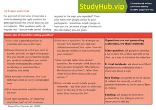 (c) Asking questions
For any kind of interview, it may take a
while to develop the right question for
getting precisely the kind of data you are
interested in. Pilot questions with col-
leagues first – does it make sense? Do they
respond in the ways you expected? Then
pilot them with people similar to your
participants. Sometimes small changes in
how you ask can make a large difference to
the information you are given.
Some rules of thumb for asking questions4
1) Start with a general question to
orientate interview to the topic
2) Gauge the level at which you need to
express yourself, the type of language
that you should use so that the people
you speak to understand you and do
not feel intimidated by complex
vocabulary or patronised by a
simplistic one either
3) Use everyday vocabulary, don’t use
technical words or overly complicated
ones
4) Put more sensitive questions towards
the end
5) Ask open questions, i.e. requiring
more than ‘yes’ or ’no’ in answer
6) Ask neutral questions. For example do
not ask: ‘why haven’t you had your
children immunized’ but rather ‘how did
you decide whether or not to immunise
your children’?
7) Use concrete rather than abstract
questions. For example ‘think about last
time you were pregnant. What did you
like about services then?’, rather than
‘what do you think about ante-natal
services?’
8) Use concrete events to help people
remember – eg ‘After your last child was
born’ or ‘the day of the earthquake’
rather than ‘January the 3rd’
If questions are not generating
useful data, try these methods:
Diary question: ask people to describe
a day in their life, or their last shift in the
clinic, as a way to introduce the interview
Critical incidents: ask about worst/best
experiences to understand what is
important about a topic
Free listing: ask people to list all causes
of malaria, for example, or all the
possible treatments to use in case of fever
in children
Ranking: ask people to rank items
generated by free listing in order of
importance or efficacy
4
Adapted from Neuman W L (2000)
13
 
