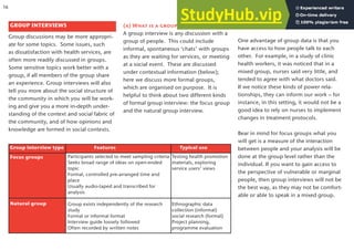 (a) What is a group interview?
A group interview is any discussion with a
group of people. This could include
informal, spontaneous ‘chats’ with groups
as they are waiting for services, or meeting
at a social event. These are discussed
under contextual information (below);
here we discuss more formal groups,
which are organised on purpose. It is
helpful to think about two different kinds
of formal group interview: the focus group
and the natural group interview.
(b) Advantages of group interviews
One advantage of group data is that you
have access to how people talk to each
other. For example, in a study of clinic
health workers, it was noticed that in a
mixed group, nurses said very little, and
tended to agree with what doctors said.
If we notice these kinds of power rela-
tionships, they can inform our work – for
instance, in this setting, it would not be a
good idea to rely on nurses to implement
changes in treatment protocols.
Bear in mind for focus groups what you
will get is a measure of the interaction
between people and your analysis will be
done at the group level rather than the
individual. If you want to gain access to
the perspective of vulnerable or marginal
people, then group interviews will not be
the best way, as they may not be comfort-
able or able to speak in a mixed group.
GROUP INTERVIEWS
Group discussions may be more appropri-
ate for some topics. Some issues, such
as dissatisfaction with health services, are
often more readily discussed in groups.
Some sensitive topics work better with a
group, if all members of the group share
an experience. Group interviews will also
tell you more about the social structure of
the community in which you will be work-
ing and give you a more in-depth under-
standing of the context and social fabric of
the community, and of how opinions and
knowledge are formed in social contexts.
Group interview type Features Typical use
Focus groups
Natural group
Participants selected to meet sampling criteria
Seeks broad range of ideas on open-ended
topic
Formal, controlled pre-arranged time and
place
Usually audio-taped and transcribed for
analysis
Group exists independently of the research
study
Formal or informal format
Interview guide loosely followed
Often recorded by written notes
Testing health promotion
materials, exploring
service users’ views
Ethnographic data
collection (informal)
social research (formal)
Project planning,
programme evaluation
16
 