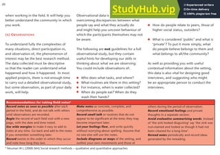 when working in the field. It will help you
better understand the community in which
you work.
(a) Observations
To understand fully the complexities of
many situations, direct participation in,
and observation of, the phenomenon of
interest may be the best research method.
The data collected must be descriptive
so that the reader can understand what
happened and how it happened. In most
applied projects, there is not enough time
to carry out a detailed observational study,
but some observation, as part of your daily
work, will help.
Observational data is also very useful in
overcoming discrepancies between what
people say and what they actually do
and might help you uncover behaviour of
which the participants themselves may not
be aware.
The following are not guidelines for a full
observational study, but they contain
useful hints for developing our skills in
thinking about what we are observing.
You could include observations of:
Who does what tasks, and where?
What routines are there in this setting?
For instance, when is water collected?
When do people eat? When do they
wash their hands?
Is there a pattern to the week, or year?
How do people relate to peers, those of
higher social status, outsiders?
What is considered ‘public’ and what is
‘private’? To put it more simply, what
do people believe belongs to them and
what belongs to all/the community?
As well as providing you with useful
contextual information about the setting,
this data is also vital for designing good
interviews, and suggesting who might
be an appropriate person to conduct the
interviews.
Recommendations for taking field notes6
Record notes as soon as possible after each
period in the field, and do not talk with others
until observations are recorded.
Begin the record of each field visit with a new
page, with the date and time noted.
Use wide margins to make it easy to add to
notes at any time. Go back and add to the notes
if you remember something later.
Record events in the order in which they occur
and note how long they last.
Make notes as concrete, complete, and
comprehensive as possible.
Record small talk or routines that do not
appear to be significant at the time; they may
become important later.
Let your feelings flow, and write quickly
without worrying about spelling. Assume that
no one else will use the notes.
Include diagrams or maps of the setting, and
outline your own movements and those of
others during the period of observation.
Record emotional feelings and private
thoughts in a separate section.
Avoid evaluative summarizing words. Instead
of ‘the sink looked disgusting’ say ‘the sink was
rust-stained and looked as though it had not
been cleaned for a long time’.
Reread notes periodically and record ideas
generated by the rereading.
6
Neuman W L (2000:364) Social research methods – qualitative and quantitative approaches
20
 