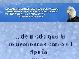 SOLAMENTE LIBRES DEL PESO DEL PASADO PODREMOS APROVECHAR EL RESULTADO  VALIOSO QUE UNA RENOVACIÓN  SIEMPRE NOS TRAE.   ... de modo que te rejuvenezcas como el águila. Salmo 103:5 