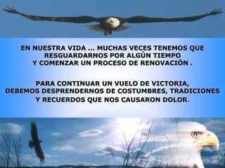 EN NUESTRA VIDA ... MUCHAS VECES TENEMOS QUE
         RESGUARDARNOS POR ALGÚN TIEMPO
      Y COMENZAR UN PROCESO DE RENOVACIÓN .


      PARA CONTINUAR UN VUELO DE VICTORIA,
DEBEMOS DESPRENDERNOS DE COSTUMBRES, TRADICIONES
      Y RECUERDOS QUE NOS CAUSARON DOLOR.
 
