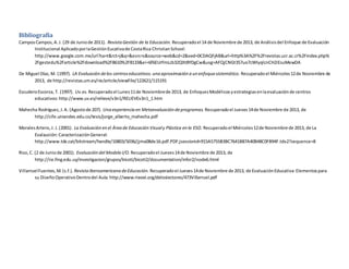 Bibliografía
CamposCampos,A.J. (29 de Juniode 2011). RevistaGestión de la Educación. Recuperadoel 14 de Noviembre de 2013, de Análisisdel Enfoque de Evaluación
Institucional AplicadoporlaGestiónEucativade CostaRica ChristianSchool:
http://www.google.com.mx/url?sa=t&rct=j&q=&esrc=s&source=web&cd=2&ved=0CDAQFjAB&url=http%3A%2F%2Frevistas.ucr.ac.cr%2Findex.php%
2Fgestedu%2Farticle%2Fdownload%2F8610%2F8133&ei=6f6EUrfmLcb32QXt8YDgCw&usg=AFQjCNGt357uo7cWIyqlcnCH2iEsuMewDA
De Miguel Díaz,M. (1997). LA Evaluación delos centroseducativos.unaaproximaciónaunenfoquesistemático. Recuperadoel Miércoles12de Noviembre de
2013, de http://revistas.um.es/rie/article/viewFile/122621/115191
EscuderoEscorza, T. (1997). Uv.es. Recuperadoel Lunes11de Noviembrede 2013, de EnfoquesModélicosyestrategiasenlaevaluaciónde centros
educativos:http://www.uv.es/relieve/v3n1/RELIEVEv3n1_1.htm
Mahecha Rodríguez,J.A. (Agostode 207). Unaexperienciaen Metaevaluacióndeprogramas. Recuperadoel Jueves14de Noviembre de 2013, de
http://cife.uniandes.edu.co/tesis/jorge_alberto_mahecha.pdf
MoralesArtero,J. J.(2001). La Evaluaciónenel Áreade EducaciónVisualy Plástica enla ESO. Recuperadoel Miércoles12de Noviembre de 2013, de La
Evalaución:CaracterizaciónGeneral:
http://www.tdx.cat/bitstream/handle/10803/5036/jjma08de16.pdf.PDF;jsessionid=915A5755B3BC7641B87A40B48C0FB94F.tdx2?sequence=8
Riso,C. (2 de Juniode 2001). Evaluacióndel Modelo I/O. Recuperadoel Jueves14de Noviembre de 2013, de
http://iie.fing.edu.uy/investigacion/grupos/bicoti/bicoti2/documentation/infor2/node6.html
VillarruelFuentes,M.(s.f.). RevistaIberoamericana deEducación. Recuperadoel Jueves14de Noviembre de 2013, de EvaluaciónEducativa:Elementospara
su DiseñoOperativoDentrodel Aula:http://www.rieoei.org/deloslectores/473Villarruel.pdf
 
