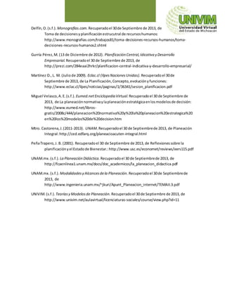 Delfín, O.(s.f.). Monografías.com. Recuperadoel 30de Septiembre de 2013, de
Toma de decisionesyplanificaciónestrucutral de recursoshumanos:
http://www.monografias.com/trabajos81/toma-decisiones-recursos-humanos/toma-
decisiones-recursos-humanos2.shtml
Gurría Pérez,M. (13 de Diciembre de 2012). Planificación Central,Idicativa y Desarrollo
Empresarial. Recuperadoel 30 de Septiembre de 2013, de
http://prezi.com/284eaai2hrkr/planificacion-central-indicativa-y-desarrollo-empresarial/
Martínez O.,L. M. (Juliode 2009). Eclac.cl (IlpesNacionesUnidas). Recuperadoel 30de
Septiembre de 2013, de La Planificación,Concepto,evoluciónyfunciones:
http://www.eclac.cl/ilpes/noticias/paginas/1/36341/sesion_planificacion.pdf
Miguel Velasco,A.E.(s.f.). Eumed.netEnciclopedia Virtual. Recuperadoel 30 de Septiembre de
2013, de La planeaciónnormativaylaplaneaciónestratégicaenlosmodelosde decisión:
http://www.eumed.net/libros-
gratis/2008c/444/planeacion%20normativa%20y%20la%20planeacion%20estrategica%20
en%20los%20modelos%20de%20decision.htm
Mtro. Castorena,J.(2011-2013). UNAM. Recuperadoel 30 de Septiembrede 2013, de Planeación
Integral:http://ced.edfarq.org/planeacioacuten-integral.html
PeñaTrapero,J. B. (2001). Recuperadoel 30 de Septiembre de 2013, de Reflexionessobre la
planificaciónyel Estadode Bienestar.:http://www.usc.es/economet/reviews/eers115.pdf
UNAM.mx.(s.f.). La Planeación Didáctica. Recuperadoel 30 de Septiembrede 2013, de
http://fcaenlinea1.unam.mx/docs/doc_academicos/la_planeacion_didactica.pdf
UNAM.mx.(s.f.). Modalidadesy Alcancesdela Planeación. Recuperadoel 30de Septiembrede
2013, de
http://www.ingenieria.unam.mx/~jkuri/Apunt_Planeacion_internet/TEMAII.3.pdf
UNIVIM.(s.f.). Teoríasy Modelosde Planeación. Recuperadoel 30de Septiembre de 2013, de
http://www.univim.net/aulavirtual/licenciaturas-sociales/course/view.php?id=11
 
