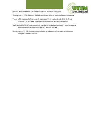 Orantes,A.(s.f.).Modelosyteoríasde instrucción. Revista dePedagogía.
Tinbergen,J.y.(1956). Dinámica del Ciclo Económico. México: Fondode CulturaEconómica.
Varios.(s.f.). Enciclopedia Financiera.Recuperadoel 23de Septiembrede 2013, de Teoría
Económica:http://www.enciclopediafinanciera.com/teoriaeconomica.htm
Wallerstein,I.(1979). El moderno sistema mundial.La agricultura capitalista y los orígenesde la
economía-mundo europea en el siglo XVI. Madrid:SigloXXI.
Zimmermann,C.(1997). Internationalrealbusinesscyclesamong heterogeneouscountries.
EuropeanEconomicReview.
 