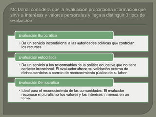 • Da un servicio incondicional a las autoridades políticas que controlan
los recursos.
Evaluación Burocrática
• Da un servicio a los responsables de la política educativa que no tiene
carácter intencional. El evaluador ofrece su validación externa de
dichos servicios a cambio de reconocimiento público de su labor.
Evaluación Autocrática
• Ideal para el reconocimiento de las comunidades. El evaluador
reconoce el pluralismo, los valores y los interéses inmersos en un
tema.
Evaluación Democrática
 