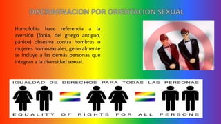 Homofobia hace referencia a la
aversión (fobia, del griego antiguo,
pánico) obsesiva contra hombres o
mujeres homosexuales, generalmente
se incluye a las demás personas que
integran a la diversidad sexual.
 