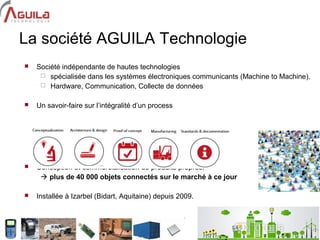 2
La société AGUILA Technologie
 Société indépendante de hautes technologies
 spécialisée dans les systèmes électroniques communicants (Machine to Machine).
 Hardware, Communication, Collecte de données
 Un savoir-faire sur l’intégralité d’un process
 Conception et commercialisation de produits propres:
 plus de 40 000 objets connectés sur le marché à ce jour
 Installée à Izarbel (Bidart, Aquitaine) depuis 2009.
 