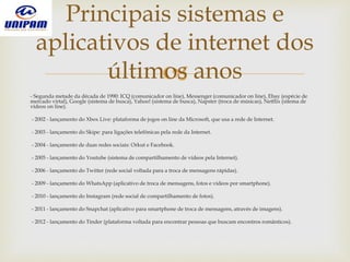 
- Segunda metade da década de 1990: ICQ (comunicador on line), Messenger (comunicador on line), Ebay (espécie de
mercado virtal), Google (sistema de busca), Yahoo! (sistema de busca), Napster (troca de músicas), Netflix (sitema de
vídeos on line).
- 2002 - lançamento do Xbox Live: plataforma de jogos on line da Microsoft, que usa a rede de Internet.
- 2003 - lançamento do Skipe: para ligações telefônicas pela rede da Internet.
- 2004 - lançamento de duas redes sociais: Orkut e Facebook.
- 2005 - lançamento do Youtube (sistema de compartilhamento de vídeos pela Internet).
- 2006 - lançamento do Twitter (rede social voltada para a troca de mensagens rápidas).
- 2009 - lançamento do WhatsApp (aplicativo de troca de mensagens, fotos e vídeos por smartphone).
- 2010 - lançamento do Instagram (rede social de compartilhamento de fotos).
- 2011 - lançamento do Snapchat (aplicativo para smartphone de troca de mensagens, através de imagens).
- 2012 - lançamento do Tinder (plataforma voltada para encontrar pessoas que buscam encontros românticos).
Principais sistemas e
aplicativos de internet dos
últimos anos
 