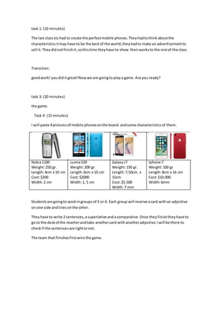 task 1: (10 minutes)
The last classsts had to create the perfectmobile phones.Theyhadtothinkaboutthe
characteristicsitmay have to be the bestof the world;theyhadto make an advertisementto
sell it. Theydidnotfinishit,sothistime theyhave to show theirworksto the restof the class.
Transition:
goodwork! youdidit great!Nowwe are goingto playa game.Are you ready?
task 3: (20 minutes)
the game.
Task 4: (15 minutes)
I will paste 4 picturesof mobile phonesonthe board.andsome characteristicsof them.
Nokia1100
Weight:250 gr.
Length:4cm x 10 cm
Cost:$200
Width:2 cm
Lumia520
Weight:200 gr.
Length:6cm x 10 cm
Cost:$2000
Width:1, 5 cm
GalaxyJ7
Weight:150 gr.
Length:7,50cm. x
15cm
Cost:$5.500
Width:7 mm
Iphone 7
Weight:100 gr
Length:8cm x 16 cm
Cost:$10.000
Width:6mm
Studentsare goingto workingroups of 3 or 4. Each group will receive acard withan adjective
on one side andlinesonthe other.
Theyhave to write 2 sentences,asuperlative andacomparative.Once theyfinishtheyhave to
go to the deskof the teacherandtake anothercard withanotheradjective.Iwill be there to
checkif the sentencesare rightornot.
The team that finishesfirstwinsthe game.
 