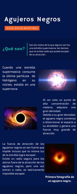 Agujeros Negros
JESÚS DAVID MARTÍNEZ
¿Qué son?
Son los restos de lo que alguna vez fue
una estrella supermasiva, tan densos
que no existe nada que pueda escapar
de su atracción.
Cuando una estrella
supermasiva consume
la última partícula de
hidrógeno en su
núcleo, estalla en una
supernova.
Al ser esta un punto de
alta concentración de
materia, adquiere una
gran densidad.
Debido a su gran densidad,
el agujero negro comienza
a distorsionar el espacio a
su alrededor y genera una
fuerza muy grande de
atracción.
La fuerza de atracción de los
agujeros negros es tan fuerte que
impide incluso que la misma luz
de la estrella logre escapar.
Existe un radio seguro para los
astros fuera de la atracción de los
agujeros negros, pero una vez
entren a radio, es teóricamente
imposible escapar.
Primera fotografía de
un agujero negro.
 