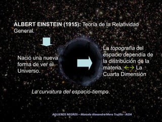 ALBERT EINSTEIN (1915):Teoría de la Relatividad General.La topografía del espacio dependía de la distribución de la materia.  La Cuarta Dimensión Nació una nueva forma de ver el Universo.La curvatura del espacio-tiempo. AGUJEROS NEGROS – Marcela Alexandra Mera Trujillo - AIDA