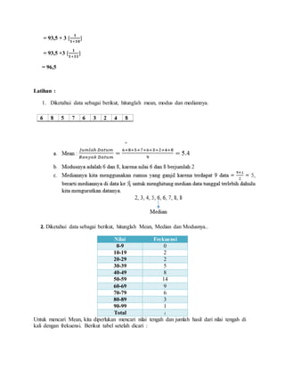 = 93,5 + 3 {
𝟏
𝟏+𝟏𝟎
}
= 93,5 +3 {
𝟏
𝟏+𝟏𝟏
}
= 96,5
Latihan :
1. Diketahui data sebagai berikut, hitunglah mean, modus dan mediannya.
2. Diketahui data sebagai berikut, hitunglah Mean, Median dan Modusnya..
Nilai Frekuensi
0-9 0
10-19 2
20-29 2
30-39 5
40-49 8
50-59 14
60-69 9
70-79 6
80-89 3
90-99 1
Total 1
Untuk mencari Mean, kita diperlukan mencari nilai tengah dan jumlah hasil dari nilai tengah di
kali dengan frekuensi. Berikut tabel setelah dicari :
 