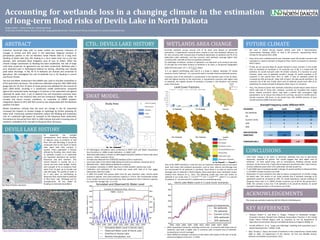 Accounting for wetlands loss in a changing climate in the estimation
of long-term flood risks of Devils Lake in North Dakota
Sergey Gulbin1 , Andrei Kirilenko2, Xiaodong Zhang1
1University of North Dakota, Grand Forks ND; sergey.gulbin@und.edu, 2University of Florida, Gainesville, FL; andrei.kirilenko@ufl.edu
ABSTRACT
Endorheic (terminal) lakes with no water outlets are sensitive indicators of
changes in climate and land cover in the watershed. Regional variation in
precipitation pattern in the US Northern Great Plaines lead to a long term
flooding of Devils Lake (DL), ND, leading to a 10-m water level rise in just two
decades, with estimated flood mitigation costs of over $1 billion. While the
climate change contribution to flooding has been established, the role of large
scale land conversion to agriculture has not been researched. Wetlands play a
very important part in hydrological balance by storing, absorbing and slowing
peak water discharge. In ND, 49 % of wetlands are drained and converted to
agriculture. We investigated the role of wetlands loss in DL flooding in current
and future climate.
The Soil and Water Assessment Tool (SWAT) was used to simulate streamflow in
all DL watershed sub-basins. The model was calibrated using the 1991-2000 USGS
gauge data for the first 10 years of study period and validated for the second 10
years (2001-2010), resulting in a satisfactory model performance compared
against the measured water discharge in 8 streams in the watershed and against
observed DL water level. A set of wetland loss and restoration scenarios were
created based on the historical data and the Compound Topographic Index. To
emulate the future climate conditions, an ensemble of CMIP5 weather
integrations based on IPCC AR5 RCP scenarios was downscaled with the MarkSim
weather simulator.
Model simulations indicate that the land use change in the DL watershed
increased the impacts of climate change on hydrology by further elevating DL
water level. Conversely, wetland restoration reduce the flooding and moderates
risks of a potential high-impact DL overspill to the Sheyenne River watershed.
Simulations for the period from 2011 to 2040 indicate that with increasing area of
wetlands, probability of DL overspill to Sheyenne River decreases.
SWAT MODEL
• We used 17 Global Climate Models (GCM), each with 4 Representative
Concentration Pathways (RCP), so total is 68 scenarios, representing future
climate for the period 2011-2040.
• Every land cover model(scenario) was simulated under 68 climate scenarios and
evaluated on natural overspill to Sheyenne River, which correspond to elevation
444.4 meters.
• Finally, we can say how likely DL would overspill in every scenario. In the model
with no wetlands DL overflows in 54 scenarios out of 68, in a model with 5%
wetlands, DL would overspill under 40 climate scenario. In a business as usual
scenario, when area of wetlands wouldn’t change, DL would overflow in 29
scenarios in the period from 2011 to 2040. If area of wetlands would be
increased by 50% and would make 16% of basin, the lake would overflow in 20
scenarios out of 68, and, finally, when area of wetlands would reach 20% of DL
watershed, DL would overspill to Sheyenne River only in 11 scenarios.
• Thus, this research proves that wetlands restoration would reduce water level in
Devils Lake and it’s flood risks. However, currently we simulated only original
future climate scenarios, which may have a period with consequent high
precipitation, so to reduce the influence of such bias, we plan to shuffle years in
climate scenarios 100 times, so we would have 100 shuffled versions of each
climate scenario (6,800 scenarios total).
DEVILS LAKE HISTORY
RMSE = 0.22 m
Currently wetlands occupy around 11% of DL basin area (based on NLCD2006
estimation), 4 hypothetical scenarios were created to test how wetlands influence on
DL: two scenarios with reduced area of wetlands (absolutely no wetlands and 5% of DL
watershed under wetlands), and two scenarios with wetlands coverage higher than
currently (16% and 20% of basin occupied by wetlands).
For hydrologic simulation, location of wetlands is as important as its amount and area.
To simulate the most likely location of wetlands in DL basin, a Compound Topographic
Index (CTI) was used: 𝐶𝑇𝐼 = 𝑙𝑛
𝛼
𝑡𝑎𝑛𝛽
, where
α is an upland contributing area and β is a slope in radians. Basically, CTI shows
measure of area “wetness”. It is commonly used to recreate historical wetlands location.
WETLANDS AREA CHANGE
• All hydrological simulations were conducted in SWAT (Soil and Water Assessment
Tool; Arnold et al., 1998), model calibration – in SWAT_CUP
• Watershed delineation is based on DEM (Digital Elevation Model) of Devils Lake basin
(source – USGS; resolution 30 m)
• Soil data was obtained from STATSGO2 database (250 m resolution)
• Land cover data is from NLCD 2006 (National Land Cover Dataset; resolution 30 m)
• Wetlands data - NWI2 (National Wetlands Inventory)
• For weather simulation in SWAT, data from 4 USDA weather stations was used
• Calibration and validation of the model was made with help of 8 river gages
observation data from USGS
• In 2007 first outlet that pumps water from DL was launched. Later, second outlet
started to operate, their total maximum capacity is 17m3/s. We incorporated outlets
in our model, but since the real outlet has never operated on their maximum capacity,
we used their average rate: 11.2 m3/s
http://earthobservatory.nasa.gov/IOTD/view.php?id=42624
http://earthobservatory.nasa.gov/IOTD/view.php?id=42624
• After comparing 5 scenarios, including current one, in scenarios with lower area of
wetlands, Lake level is higher than in scenarios with increased area of wetlands
(comparing to current coverage)
• Mean difference between scenarios is 0.44 meters with lowest at the start of study
period and highest at the end – in 2010.
0.00%
10.00%
20.00%
30.00%
40.00%
50.00%
60.00%
70.00%
80.00%
Open Water Developed Deciduous Forest Grassland/Herbaceous Pasture/Hay Cultivated Crops Herbaceous Wetlands
Area,%
No wetlands 5% wetlands Current 16% wetlands 20% wetlands
SCENARIO rcp26 rcp45 rcp60 rcp85
No wetlands 15 15 10 14
5% 9 10 9 12
Current (11%) 4 8 7 10
16% 2 6 4 8
20% 1 4 2 4
PRECIPITATION
(MM/DAY) 1.57 1.58 1.55 1.60
TEMPERATURE C 4.08 4.10 3.88 4.19
DL expansion has multiple
consequences, from obvious flooding
of adjacent areas to pollution of Red
River and Lake Winnipeg. It should be
mentioned that to the South of Devils
Lake, Spirit Lake tribe territory is
located. Tribe’s population is directly
affected by flooding. Also, Devils Lake,
as wetlands located in its watershed
are important attractions for hunters,
fishermen and bird watchers. This
natural disaster is causing loss to a
county and even state budget. Finally,
with overspill of DL to Sheyenne River
water from DL goes up to Canada and
Lake Winnipeg. The quality of water in
DL is very poor, so overflowing to
Sheyenne River would lead to pollution
of Red River, Lake Winnipeg and its
eutrophication. All this makes DL
flooding an international problem.
Currently, most of the wetlands is concentrated in the Southern part of the DL basin,
with the highest density on the South-East. In hypothetical scenarios with higher area
of wetlands, the highest density of wetlands is located in the Northern and Central
parts of the basin.
One of the SWAT limitations is that this tool can represent wetlands only on sub-basin
level, that means that wetlands parameters, such as area, volume and drainage area
are summarized for all wetlands in sub-basin. Since there is no data on volume and
drainage area of wetlands in North Dakota, these parameters were calculated using a
method from Gleason et al., 2011. The following model was used and tested on
wetlands in our study area: V = 0.25𝐴1.4742
; 𝑈𝐴 = 2.24𝐴0.4647
, where 𝑉 is a volume
of wetland, 𝐴 – its area and 𝑈𝐴 is upland area (or contributing area).
ACKNOWLEDGEMENTS
This study was partially funded by NSF RII EPSCoR (1355466) grant
KEY REFERENCES
• Gleason, Robert A., and Brian A. Tangen. "Chapter D: floodwater storage."
Ecosystem Services Derived from Wetland Conservation Practices in the United
States Prairie Pothole Region with an Emphasis on the US Department of
Agriculture Conservation Reserve and Wetlands Reserve Programs (2008): 31.
• Arnold, Jeffrey G., et al. "Large area hydrologic modeling and assessment part I:
Model development1." (1998): 73-89.
• Dahl, Thomas E. Status and trends of wetlands in the conterminous United States
2004 to 2009. US Department of the Interior, US Fish and Wildlife Service,
Fisheries and Habitat Conservation, 2011.
Overspill Frequency under Different RCPs
CTD.: DEVILS LAKE HISTORY
CONCLUSIONS
• Land cover change in DL basin, in particular, wetlands loss due to agricultural
expansion, impacted DL system. Our results suggest that with higher area of
wetlands, DL level would drop, and as consequence, flooding severity would
decrease. At the same time, if agricultural expansion would have been more intense,
and less wetlands would exist in DL watershed, the lake would rise.
• If until 2040 area of wetlands wouldn’t change, DL would overflow to Sheyenne River
in 29 CMIP5 climate scenarios out of 68.
• Restoration of some wetlands may help to reduce consequences of climate change
for Devils Lake. The results of our study indicate that if wetlands coverage in DL
watershed would be increased to 20%, DL would experience natural overflow to
Sheyenne River only in 11 CMIP5 climate scenarios out of 68 for the period 2011-
2040. The contrary is also true: if all wetlands in DL would be drained, DL would
overspill to Sheyenne River in 54 scenarios out of 68.
FUTURE CLIMATE
Acquired August 11, 1984
Red River & Devils Lake Basin
Acquired September 1, 2009
Study Area
Simulated and Observed DL Water Level
Land Cover Fractions
 
