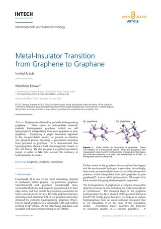 ARTICLE
Nanomaterials and Nanotechnology

immediate
Received D M ; Accepted D M

Metal-Insulator Transition
from Graphene to Graphane

/

Invited Article

© ; ooooo
Motohiko

Ezawa1,*

1 Department of Applied Physics, University of Tokyo, Hongo, Japan
* Corresponding author E-mail: ezawa@ap.t.u-tokyo.ac.jp
Received 26 March 2013; Accepted 19 June 2013
∂ 2013 Ezawa; licensee InTech. This is an open access article distributed under the terms of the Creative
Commons Attribution License (http://creativecommons.org/licenses/by/3.0), which permits unrestricted use,
distribution, and reproduction in any medium, provided the original work is properly cited.

Abstract Graphane is obtained by perfectly hydrogenating
graphene.
There exists an intermediate material,
partially hydrogenated graphene (which we call
hydrographene), interpolating from pure graphene to pure
graphane.
Employing a graph theoretical approach
to the site-percolation model, we present an intuitive
and physical picture revealing a percolation transition
from graphene to graphane. It is demonstrated that
hydrographene shows a bulk ferromagnetism based on
the Lieb theory. We also propose a weighted percolation
model in order to take into account the tendency of
hydrogenation to cluster.

(b) graphane

(a) graphene
B

A

A
B

A

A
B A
B

B

A

B

Figure 1. (Color online) (a) Illustration of graphene. There
are carbons on a honeycomb lattice. They are grouped in two
inequivalent sites A and B. (b) Illustration of graphane. Hydrogens
are attached upwardly to A sites, and downwardly to B sites. A
honeycomb lattice is distorted.

Keywords Graphene, Graphane, Percolation

1. Introduction
Graphene[1, 2] is one of the most interesting material
in condensed matter physics. In particular, graphene
nanoribbons[3] and graphene nanodisks[4] show
remarkable electronic and magnetic properties due to their
edge states, and they would be promising candidates for
future nanoelectronic devices. Recently graphane has been
attracting much attention[5–8]. It is a graphene derivative
obtained by perfectly hydrogenating graphene (Fig.1).
On one hand, graphene is a semimetal with each carbon
forming an sp2 orbital. On the other hand, graphane is an
insulator with each carbon forming an sp3 orbital.
www.intechopen.com

Carbon atoms in the graphene lattice can bind hydrogens
and the reaction with hydrogen is reversible. Accordingly,
there exists an intermediate material, partially hydrogenated
graphene, which interpolates from pure graphene to pure
graphane[7]. Let us call it hydrographene. We expect it to
have various intriguing electromagnetic properties.
The hydrogenation of graphene is a complex process that
depends on many factors, including the wide isomorphism
of cyclohexane. The transient stage of the graphene
hydrogenation has been studied at the quantum-chemical
level[9–13]. In this paper, however, we propose to explore
hydrographene from an unconventional viewpoint, that
is, by simulating it on the basis of the percolation
model.
Percolation theory describes the behavior
of connected clusters in a random graph[14].
A
Motohiko Ezawa: Metal-Insulator Transition from Graphene Art. 10:2013
Nanomater. nanotechnol., 2013, Vol. 3, to Graphane

1

 