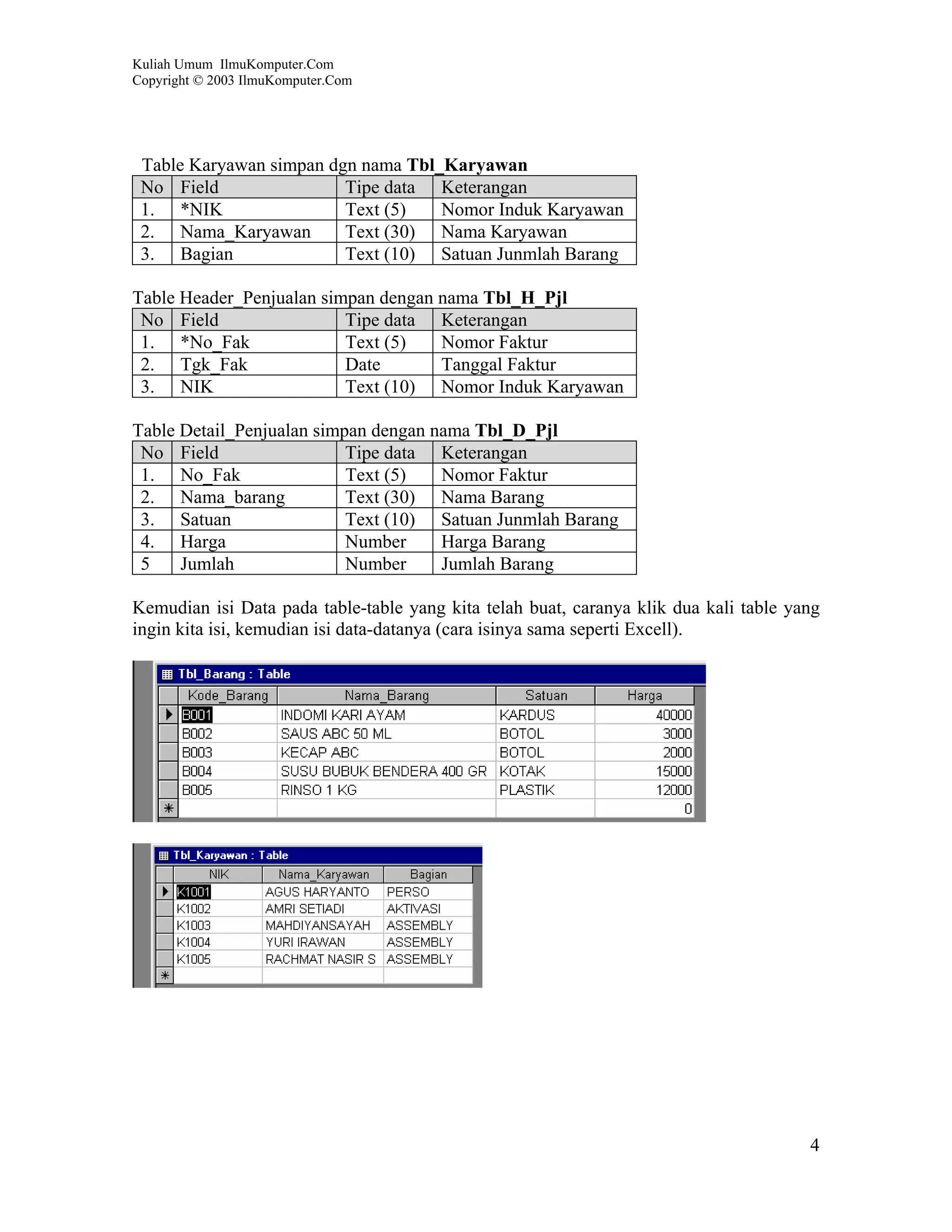 Kuliah Umum IlmuKomputer.Com
Copyright © 2003 IlmuKomputer.Com




 Table Karyawan simpan dgn nama Tbl_Karyawan
 No Field                Tipe data Keterangan
 1. *NIK                 Text (5)   Nomor Induk Karyawan
 2. Nama_Karyawan        Text (30) Nama Karyawan
 3. Bagian               Text (10) Satuan Junmlah Barang

Table Header_Penjualan simpan dengan nama Tbl_H_Pjl
 No Field                 Tipe data Keterangan
 1. *No_Fak               Text (5)   Nomor Faktur
 2. Tgk_Fak               Date       Tanggal Faktur
 3. NIK                   Text (10) Nomor Induk Karyawan

Table Detail_Penjualan simpan dengan nama Tbl_D_Pjl
 No Field                  Tipe data Keterangan
 1. No_Fak                 Text (5)   Nomor Faktur
 2. Nama_barang            Text (30) Nama Barang
 3. Satuan                 Text (10) Satuan Junmlah Barang
 4. Harga                  Number     Harga Barang
 5    Jumlah               Number     Jumlah Barang

Kemudian isi Data pada table-table yang kita telah buat, caranya klik dua kali table yang
ingin kita isi, kemudian isi data-datanya (cara isinya sama seperti Excell).




                                                                                       4
 