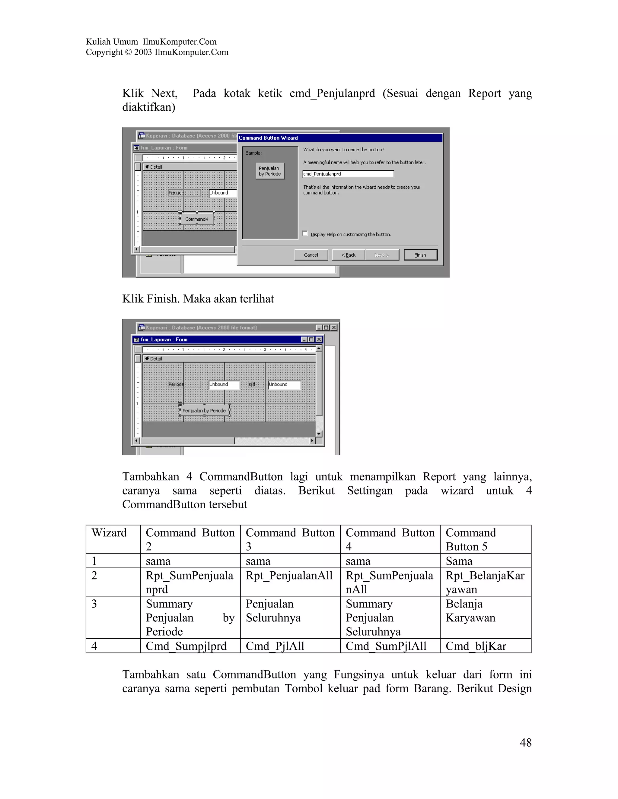 Kuliah Umum IlmuKomputer.Com
Copyright © 2003 IlmuKomputer.Com



        Klik Next,      Pada kotak ketik cmd_Penjulanprd (Sesuai dengan Report yang
        diaktifkan)




        Klik Finish. Maka akan terlihat




        Tambahkan 4 CommandButton lagi untuk menampilkan Report yang lainnya,
        caranya sama seperti diatas. Berikut Settingan pada wizard untuk 4
        CommandButton tersebut

 Wizard      Command Button         Command Button     Command Button    Command
             2                      3                  4                 Button 5
 1           sama                   sama               sama              Sama
 2           Rpt_SumPenjuala        Rpt_PenjualanAll   Rpt_SumPenjuala   Rpt_BelanjaKar
             nprd                                      nAll              yawan
 3           Summary                Penjualan          Summary           Belanja
             Penjualan    by        Seluruhnya         Penjualan         Karyawan
             Periode                                   Seluruhnya
 4           Cmd_Sumpjlprd          Cmd_PjlAll         Cmd_SumPjlAll     Cmd_bljKar

        Tambahkan satu CommandButton yang Fungsinya untuk keluar dari form ini
        caranya sama seperti pembutan Tombol keluar pad form Barang. Berikut Design



                                                                                      48
 