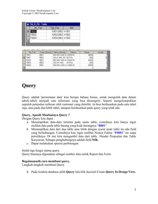 Kuliah Umum IlmuKomputer.Com
Copyright © 2003 IlmuKomputer.Com




Query

Query adalah 'permintaan data' kita berupa bahasa bisnis, untuk mengolah data dalam
tabel(-tabel) menjadi satu informasi yang bisa dimengerti. Seperti mengelompokkan
sepuluh penjualan terbesar oleh customer yang dimiliki. Ia bisa berdasarkan pada satu tabel
saja, atau pada dua/lebih tabel, ataupun berdasarkan pada query yang telah ada.

Query, Apasih Manfaatnya Query ?
Dengan Query kita dapat :
   a. Menampilkan data-data tertentu pada suatu table, contohnya kita hanya ingin
      melihat data pada table barang yang kode barangnya “B001”
   b. Menampilkan data dari dua table atau lebih dengan syarat anatr table itu ada field
      yang berhubungan. Contohnya kita ingin melihat Nomor Faktur “F0001” itu siapa
      pemiliknya. Di sini kita mengambil data dari table Header Penjualan dan Table
      Karyawan, Sebagai penghubungnya adalah field NIK.
   c. Dapat melakukan operasi perhitungan.

Itulah tiga fungsi utama query.
Query biasanya digunakan sebagai sumber data untuk Report.dan Form.

Bagaimanasih cara membuat query.
Langkah-langkah membuat Query

    1. Pada Jendela database pilih Query lalu klik dua kali Create Query In Design View.




                                                                                         5
 
