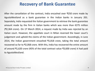 Recovery of Bank Guarantee
After the cancellation of the contract, India encashed over ₹250 crore made by
AgustaWestland as a bank guarantee in the Indian banks in January 201.
Separately, India requested the Italian government to retrieve the bank guarantee
amount made by the firm in Italian banks which was more than €275 million
(₹2,364 crore). On 17 March 2014, a request made by India was rejected by an
Italian court. However, the appellate court in Milan reversed the lower court's
judgement and upheld the claims of the Indian government. Accordingly, in June
2014, the Indian government encashed ₹1,818 crore, taking the total amount
recovered so far to ₹2,068 crore. With this, India has recovered the entire amount
of around ₹1,620 crore (45% of the total contract value ₹3,600 crore) it had paid
to AgustaWestland.
EscrowTech India Private Limited
 