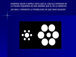 PODEMOS DECIR A SIMPLE VISTA QUE EL CIRCULO INTERIOR DE LA FIGURA IZQUIERDA ES MAS GRANDE QUE EL DE LA DERECHA: ¿ES REAL? ¿PENSASTE LA POSIBILIDAD DE QUE SEAN IGUALES? 
