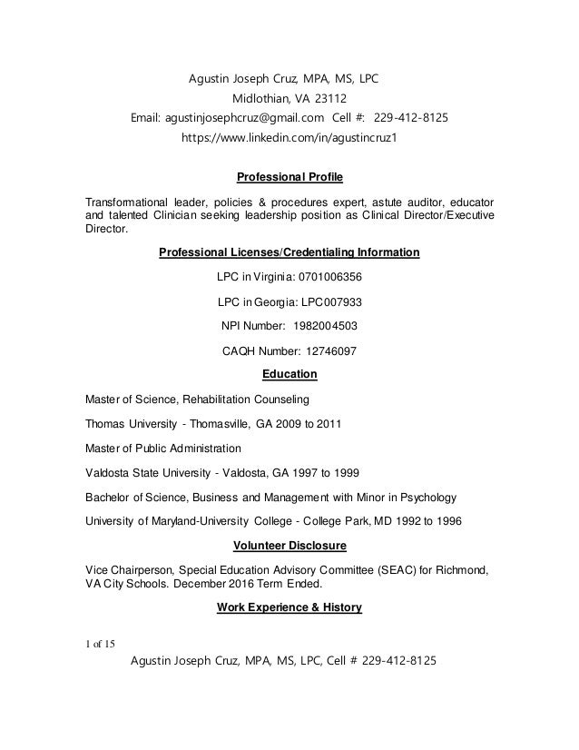 agustin j cruz resume 2017 lpc resumes