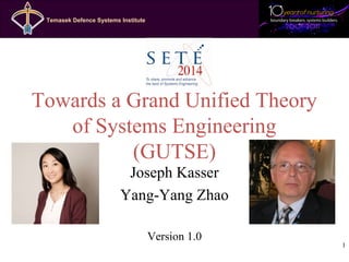 Temasek Defence Systems InstituteTemasek Defence Systems Institute
Towards a Grand Unified Theory
of Systems Engineering
(GUTSE)
Joseph Kasser
Yang-Yang Zhao
Version 1.0
1
 
