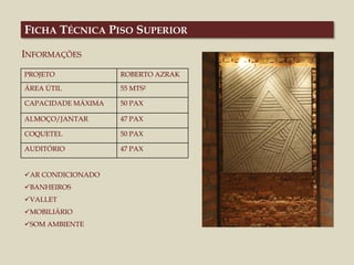PROJETO ROBERTO AZRAK
ÁREA ÚTIL 55 MTS²
CAPACIDADE MÁXIMA 50 PAX
ALMOÇO/JANTAR 47 PAX
COQUETEL 50 PAX
AUDITÓRIO 47 PAX
AR CONDICIONADO
BANHEIROS
VALLET
MOBILIÁRIO
SOM AMBIENTE
INFORMAÇÕES
FICHA TÉCNICA PISO SUPERIOR
 
