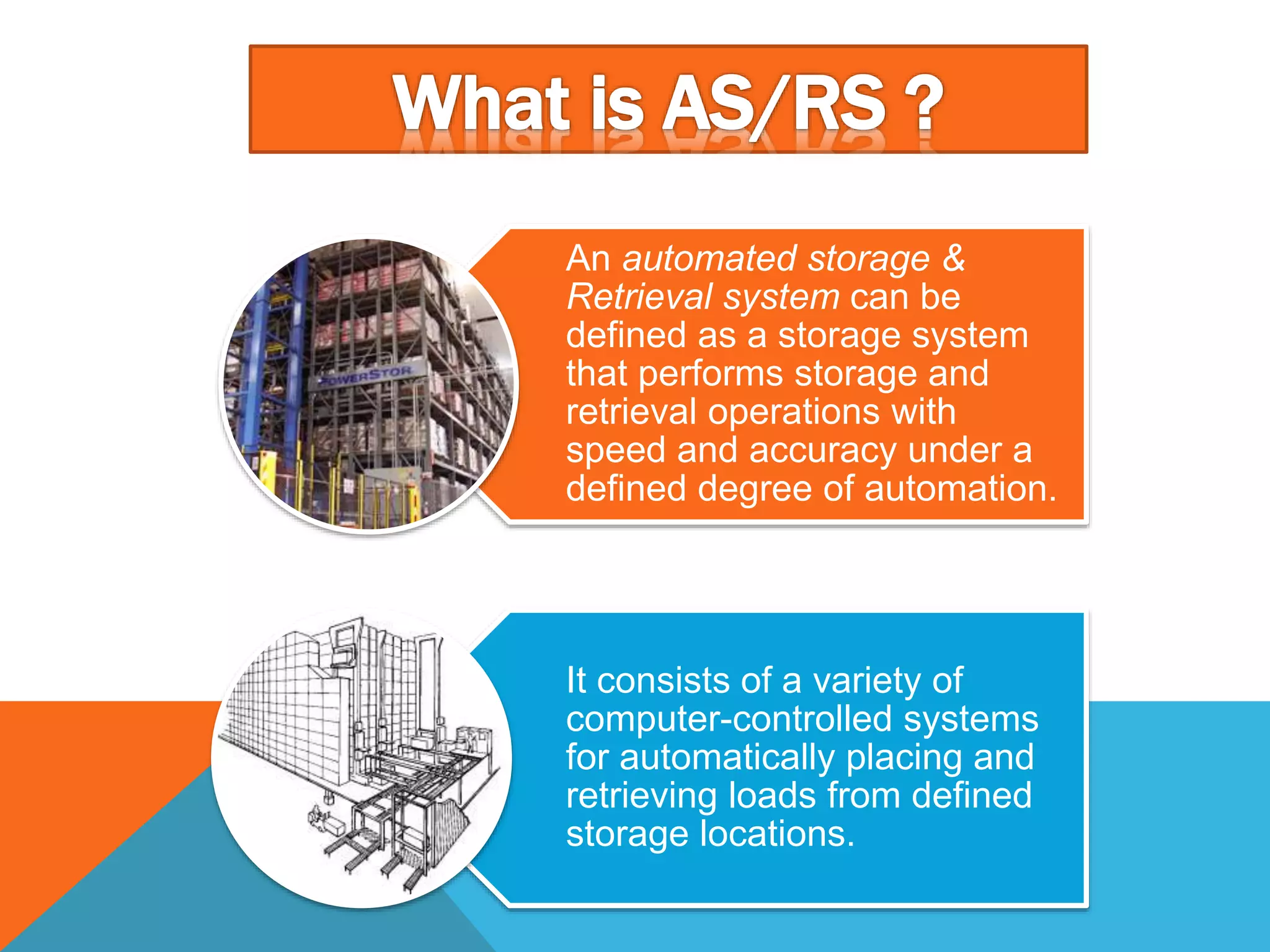 An automated storage &
Retrieval system can be
defined as a storage system
that performs storage and
retrieval operations with
speed and accuracy under a
defined degree of automation.
It consists of a variety of
computer-controlled systems
for automatically placing and
retrieving loads from defined
storage locations.
 