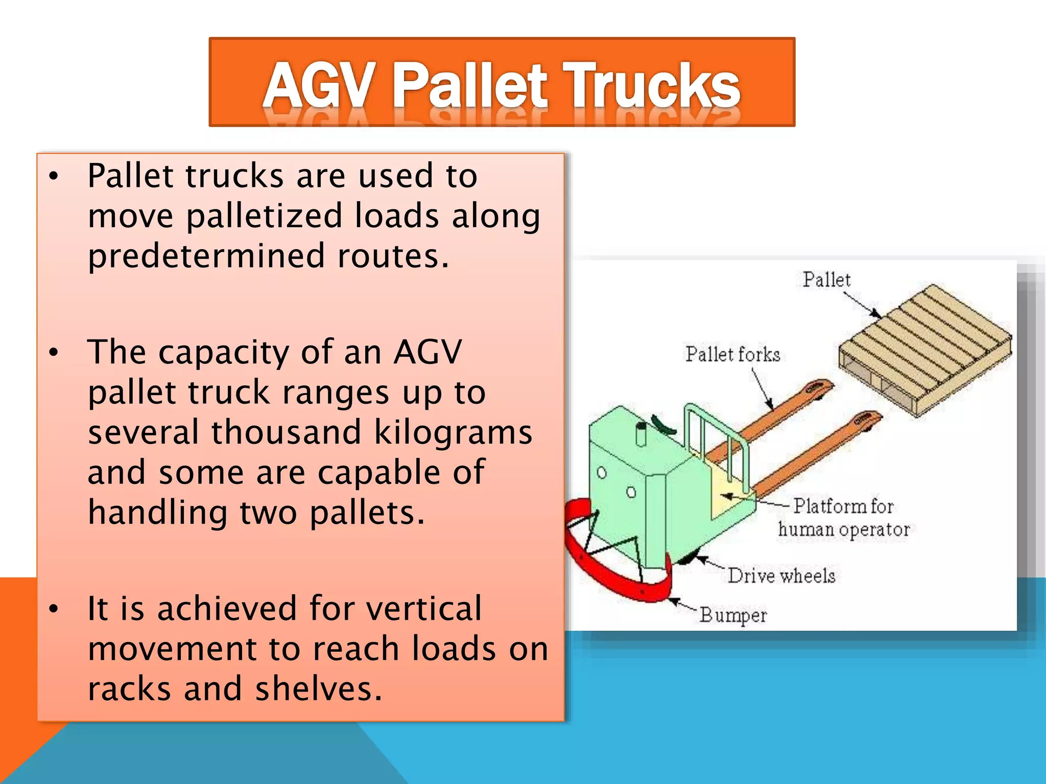 • Pallet trucks are used to
move palletized loads along
predetermined routes.
• The capacity of an AGV
pallet truck ranges up to
several thousand kilograms
and some are capable of
handling two pallets.
• It is achieved for vertical
movement to reach loads on
racks and shelves.
 