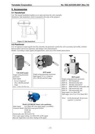 Yamatake Corporation                                                           No. SS2-AGV200-0001 (Rev.10)

5. Accessories
5-1 Handwheel
Use: The manual handwheel enables you to open and close the valve manually.
Orientation: Side handwheel, which is mounted to the yoke of the actuator.l




          Figure 12 Side handwheel
5-2 Positioner
Use: In response to input signals from the controller, the positioner controls the valve accurately and swiftly, switches
between direct and reverse operation, and changes valve characteristics.
Models: According to input signals and applications, select one of the models shown below.




        VPE 04/05 model                            HTP model
  Single acting pneumatic          Single acting pneumatic positioner
  positioner                       Input signal: 0.2 to 1.0 kgf/cm
                                                                                                 HEP model
  Input signal:                    20 to 100 kPa and half range
                                                                                 Single acting pneumatic positioner
    0.2 to 1.0 kgf/cm2                                                           HEP 15: JIS Flameproof
    20 to 100 kPa and half                                                       HEP 16: JIS Intrinsically Safe
    range                                                                        HEP 17: JIS Safe water-proof
  Note)   Usable with PSA1 only.                                                 HEP 12: PTB/CENELEC intrinsically safe
                                                                                 HEP 18: FM intrinsically safe
                                                                                 HEP 19: FM intrinsically safe
                                                                                 Input signal: 4 to 20mA DC
                                                                                 Half range: (4 to 12 or 12 to 20mA DC)

                                                                                 Note)    In the photograph, the pressure
                                                                                          regulator is attached.

                  Model AVP300/301 Smart valve positioner
  Input signal:      4 to 20mA DC (Any spirit range is available)
  Common Model: JISC0920 water-proof NEMA
                     TYPE 3R
                     IEC IP54
  Intrinsically safe: JIS Exd II CT6
  Valve open signal setting: 4 to 20mA DC or DE signal
  Ban out: High limit, Low limit, Analog or De signal




                                                           - 21 -
 