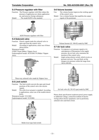 Yamatake Corporation                                                           No. SS2-AGV200-0001 (Rev.10)

5-3 Pressure regulator with filter                               5-6 Volume booster
Function: The Pressure regulator with filter reduce the          Use:   The volume booster improves the working speed
          pressure of application air, drains application               of the control valve.
          air, and removes foreign substances.                   Model: Use a volume booster that amplifies the output
Model:      The model KZ03 is the standard.                             signals of the positioner.




            KZ03 Pressure regulator with filter

5-4 Solenoid valve
Function: Electric signals make the solenoid valve to
          open and close the control valve.                              Volume booster (IL 100-02) made by SMC
Model:    According to applications, select one of those
          shown below.                                           5-7 Air lock valve
Waterproof model:                                                Function: In response to air pressure signals or in
J320b175type (Maker: Nippon Asco)                                          anticipations of fluctuations in the supply
Explosionproof model: JE3J320G174 (Maker: Nippon                           pressure, the air lock valve maintains the
Asco)                                                                      position of the control valve.
                                                                 Model: single acting selector switch, which reverts on
                                                                           pressure recovery. You can freely set the
                                                                           change-over pressure within the range from
                                                                           140 to 690 kPa.




    Three-way solenoid valve made by Nippon Asco

5-5 Limit switch
Function: The limit switch converts the open and closed
          positions of the control valve into electric
          signals.
Model: The roller lever actuator is standard. According                 Air lock valve (IL 201-02 type) made by SMC
          to applications, select one of the models shown
          below.                                                 Please check specification (explosion proof, power supply
Waterproof model: VCL5001                                        or additional voltage, connection method of electric
Explosionproof model: VCX5001                                    wiring) about electric equipment, such as positioner,
                                                                 solenoid valve and limit switch.




              Roller lever type limit switch




                                                            - 22 -
 