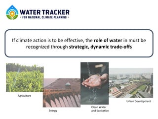 If climate action is to be effective, the role of water in must be
recognized through strategic, dynamic trade-offs
Agriculture
Energy
Clean Water
and Sanitation
Urban Development
 