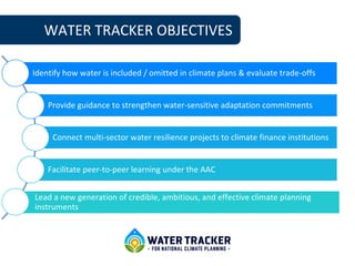 WATER TRACKER OBJECTIVES
Identify how water is included / omitted in climate plans & evaluate trade-offs
Provide guidance to strengthen water-sensitive adaptation commitments
Connect multi-sector water resilience projects to climate finance institutions
Facilitate peer-to-peer learning under the AAC
Lead a new generation of credible, ambitious, and effective climate planning
instruments
 