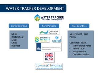 WATER TRACKER DEVELOPMENT
Crowd-sourcing Core Partners
NGOs
Bilateral-aid
MDBs
Cities
Business
Pilot Countries
Government Focal
Points
Consultant Team:
• Mario Lopez Perez
• Simon Thuo
• Jonty Rawlins
• Carla Hernandez
 