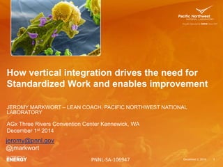 How vertical integration drives the need for 
Standardized Work and enables improvement 
JEROMY MARKWORT – LEAN COACH, PACIFIC NORTHWEST NATIONAL 
LABORATORY 
December 2, 2014 1 
AGx Three Rivers Convention Center Kennewick, WA 
December 1st 2014 
jeromy@pnnl.gov 
@jmarkwort 
PNNL-SA-106947 
 