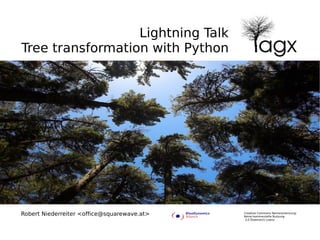 Lightning Talk
Tree transformation with Python




Robert Niederreiter <office@squarewave.at>   Creative Commons Namensnennung-
                                             Keine kommerzielle Nutzung-
                                              3.0 Österreich Lizenz
 