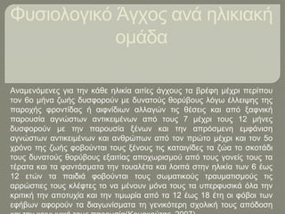 Φυσιολογικό Άγχος ανά ηλικιακή
ομάδα
Αναμενόμενες για την κάθε ηλικία αιτίες άγχους τα βρέφη μέχρι περίπου
τον 6ο μήνα ζωής δυσφορούν με δυνατούς θορύβους λόγω έλλειψης της
παροχής φροντίδας ή αιφνίδιων αλλαγών τις θέσεις και από ξαφνική
παρουσία αγνώστων αντικειμένων από τους 7 μέχρι τους 12 μήνες
δυσφορούν με την παρουσία ξένων και την απρόσμενη εμφάνιση
αγνώστων αντικειμένων και ανθρώπων από τον πρώτο μέχρι και τον 5ο
χρόνο της ζωής φοβούνται τους ξένους τις καταιγίδες τα ζώα το σκοτάδι
τους δυνατούς θορύβους εξαιτίας αποχωρισμού από τους γονείς τους τα
τέρατα και τα φαντάσματα την τουαλέτα και λοιπά στην ηλικία των 6 έως
12 ετών τα παιδιά φοβούνται τους σωματικούς τραυματισμούς τις
αρρώστιες τους κλέφτες το να μένουν μόνα τους τα υπερφυσικά όλα την
κριτική την αποτυχία και την τιμωρία από τα 12 έως 18 έτη οι φόβοι των
εφήβων αφορούν τα διαγωνίσματα τη γενικότερη σχολική τους απόδοση
 