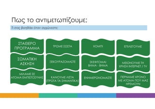 Πως το αντιμετωπίζουμε;
Τι σας βοηθάει όταν αγχώνεστε;
ΣΤΑΘΕΡΟ
ΠΡΟΓΡΑΜΜΑ
ΣΩΜΑΤΙΚΗ
ΑΣΚΗΣΗ
ΜΙΛΑΜΕ ΣΕ
ΑΤΟΜΑ ΕΜΠΙΣΤΟΣΥΝΗΣ
ΤΡΩΜΕ ΣΩΣΤΑ
ΞΕΚΟΥΡΑΖΟΜΑΣΤΕ
ΚΑΝΟΥΜΕ ΛΙΣΤΑ
(ΠΡΩΤΑ ΤΑ ΣΗΜΑΝΤΙΚΑ)
ΧΟΜΠΙ
ΣΚΕΦΤΟΜΑΙ
ΒΗΜΑ - ΒΗΜΑ
ΕΝΗΜΕΡΩΝΟΜΑΣΤΕ
ΕΠΙΛΕΓΟΥΜΕ
ΜΕΙΩΝΟΥΜΕ ΤΗ
ΧΡΗΣΗ ΙΝΤΕΡΝΕΤ / TV
ΠΕΡΝΑΜΕ ΧΡΟΝΟ
ΜΕ ΑΤΟΜΑ ΠΟΥ ΜΑΣ
ΗΡΕΜΟΥΝ
 