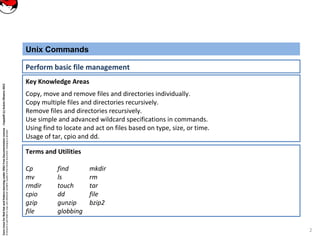 CoreLinuxforRedHatandFedoralearningunderGNUFreeDocumentationLicense-Copyleft(c)AcácioOliveira2012
Everyoneispermittedtocopyanddistributeverbatimcopiesofthislicensedocument,changingisallowed
Key Knowledge Areas
Copy, move and remove files and directories individually.
Copy multiple files and directories recursively.
Remove files and directories recursively.
Use simple and advanced wildcard specifications in commands.
Using find to locate and act on files based on type, size, or time.
Usage of tar, cpio and dd.
Unix Commands
Perform basic file management
Terms and Utilities
Cp find mkdir
mv ls rm
rmdir touch tar
cpio dd file
gzip gunzip bzip2
file globbing
2
 