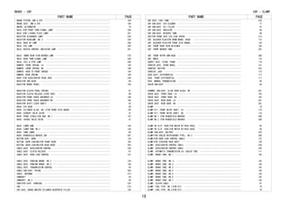 PART NAME PAGE
BRAKE PISTON, 2ND & 4TH　･･･････････････････････････････････････････････････････････ 104
BRAKE SEAT, 2ND & 4TH　･････････････････････････････････････････････････････････････ 104
BRUSH, ALTERNATOR　･････････････････････････････････････････････････････････････････ 76
BULB (FOR FRONT TURN SIGNAL LAMP)　･････････････････････････････････････････････････ 238
BULB (FOR LICENSE PLATE LAMP)　･････････････････････････････････････････････････････ 241
BULB(FOR CLEARANCE LAMP)　･･････････････････････････････････････････････････････････ 238
BULB(FOR HEADLAMP, NO.1)　･･････････････････････････････････････････････････････････ 238
BULB, BACK UP LAMP　････････････････････････････････････････････････････････････････ 240
BULB, FOG LAMP　････････････････････････････････････････････････････････････････････ 239
BULB, HEATER CONTROL INDICATOR LAMP　･･･････････････････････････････････････････････ 281
BULB, INNER REAR VIEW MIRROR LAMP　･････････････････････････････････････････････････ 275
BULB, REAR TURN SIGNAL LAMP　･･･････････････････････････････････････････････････････ 240
BULB, TAIL & STOP LAMP　････････････････････････････････････････････････････････････ 240
BUMPER, FRONT SPRING, LH　･･････････････････････････････････････････････････････････ 146
BUMPER, FRONT SPRING, RH　･･････････････････････････････････････････････････････････ 146
BUMPER, HOOD TO FRONT SHROUD　･･････････････････････････････････････････････････････ 159
BUMPER, REAR SPRING　･･･････････････････････････････････････････････････････････････ 148
BUSH (FOR ACCELERATOR PEDAL ROD)　･･････････････････････････････････････････････････ 236
BUSH(FOR 2ND GEAR)　････････････････････････････････････････････････････････････････ 89
BUSH(FOR BRAKE PEDAL)　･････････････････････････････････････････････････････････････ 129
BUSH(FOR CLUTCH PEDAL SPRING)　･････････････････････････････････････････････････････ 81
BUSH(FOR CLUTCH RELEASE LEVER YOKE)　･･･････････････････････････････････････････････ 80
BUSH(FOR FRONT SHOCK ABSORBER LH)　･････････････････････････････････････････････････ 146
BUSH(FOR FRONT SHOCK ABSORBER RH)　･････････････････････････････････････････････････ 146
BUSH(FOR SHIFT LEVER SHAFT)　･･･････････････････････････････････････････････････････ 92
BUSH, 5TH GEAR　････････････････････････････････････････････････････････････････････ 89
BUSH, CYLINDER SLIDE, NO.1(FOR FRONT DISC BRAKE)　･･････････････････････････････････ 134
BUSH, EXHAUST VALVE GUIDE　･････････････････････････････････････････････････････････ 47
BUSH, FRONT STABILIZER BAR, NO.1　･･････････････････････････････････････････････････ 147
BUSH, INTAKE VALVE GUIDE　･･････････････････････････････････････････････････････････ 47
BUSH, LOWER ARM　･･･････････････････････････････････････････････････････････････････ 144
BUSH, LOWER ARM, NO.2　･････････････････････････････････････････････････････････････ 144
BUSH, TANK LOWER　･･････････････････････････････････････････････････････････････････ 66
BUSH, WINDSHIELD WASHER JAR　･･･････････････････････････････････････････････････････ 267
BUTTON ASSY, HORN　･････････････････････････････････････････････････････････････････ 124
BUTTON, DOOR LOCKING(FOR FRONT DOOR)　･･････････････････････････････････････････････ 195
BUTTON, DOOR LOCKING(FOR REAR DOOR)　･･･････････････････････････････････････････････ 203
CABLE ASSY, ACCELERATOR CONTROL　･･･････････････････････････････････････････････････ 236
CABLE ASSY, CLUTCH RELEASE　････････････････････････････････････････････････････････ 81
CABLE ASSY, HOOD LOCK CONTROL　･････････････････････････････････････････････････････ 157
CABLE ASSY, PARKING BRAKE, NO.2　･･･････････････････････････････････････････････････ 128
CABLE ASSY, PARKING BRAKE, NO.3　･･･････････････････････････････････････････････････ 128
CABLE ASSY, TRANSMISSION CONTROL　･･････････････････････････････････････････････････ 95
CABLE SUB-ASSY, SPIRAL　････････････････････････････････････････････････････････････ 259
CABLE, ANTENNA　････････････････････････････････････････････････････････････････････ 273
CAMSHAFT　･･････････････････････････････････････････････････････････････････････････ 58
CAMSHAFT, NO.2　････････････････････････････････････････････････････････････････････ 58
CANISTER ASSY, CHARCOAL　･･･････････････････････････････････････････････････････････ 235
CAP　･･･････････････････････････････････････････････････････････････････････････････ 214
CAP ASSY, BRAKE MASTER CYLINDER RESERVOIR FILLER　･･････････････････････････････････ 130
BRAKE - CAP
PART NAME PAGE
CAP ASSY, FUEL TANK　･･･････････････････････････････････････････････････････････････ 235
CAP SUB-ASSY, AIR CLEANER　･････････････････････････････････････････････････････････ 71
CAP SUB-ASSY, OIL FILLER　･･････････････････････････････････････････････････････････ 47
CAP SUB-ASSY, RADIATOR　････････････････････････････････････････････････････････････ 66
CAP SUB-ASSY, RESERVE TANK　････････････････････････････････････････････････････････ 66
CAP(FOR FRONT SEAT LEG SIDE COVER)　････････････････････････････････････････････････ 214
CAP, BLEEDER PLUG(FOR DRUM BRAKE, REAR)　･･･････････････････････････････････････････ 137
CAP, BLEEDER PLUG(FOR FRONT DISC BRAKE)　･･･････････････････････････････････････････ 134
CAP, FRONT DOOR TRIM RETAINER　･････････････････････････････････････････････････････ 192
CAP, FRONT WASHER TANK　････････････････････････････････････････････････････････････ 267
CAP, FRONT WIPER ARM HEAD　･････････････････････････････････････････････････････････ 266
CAP, WHEEL　････････････････････････････････････････････････････････････････････････ 115
CARPET ASSY, FLOOR, FRONT　･････････････････････････････････････････････････････････ 174
CARRIER ASSY, SPARE WHEEL　･････････････････････････････････････････････････････････ 151
CARRIER, BATTERY　･･････････････････････････････････････････････････････････････････ 223
CARRIER, JACK　･････････････････････････････････････････････････････････････････････ 173
CASE ASSY, DIFFERENTIAL　･･･････････････････････････････････････････････････････････ 117
CASE, FRONT DIFFERENTIAL　･･････････････････････････････････････････････････････････ 117
CASE, MANUAL TRANSMISSION　･････････････････････････････････････････････････････････ 84
CHAIN SUB-ASSY　････････････････････････････････････････････････････････････････････ 58
CHANNEL SUB-ASSY, SLIDE DOOR GLASS, RH　････････････････････････････････････････････ 201
CHECK ASSY, FRONT DOOR, LH　････････････････････････････････････････････････････････ 193
CHECK ASSY, FRONT DOOR, RH　････････････････････････････････････････････････････････ 193
CHECK ASSY, REAR DOOR, LH　･････････････････････････････････････････････････････････ 201
CHECK ASSY, REAR DOOR, RH　･････････････････････････････････････････････････････････ 201
CLAMP　･････････････････････････････････････････････････････････････････････････････ 79
CLAMP KIT, FRONT DRIVE SHAFT, LH　･･････････････････････････････････････････････････ 119
CLAMP KIT, FRONT DRIVE SHAFT, RH　･･････････････････････････････････････････････････ 119
CLAMP NO.1 (FOR WINDSEIELD WASHER)　････････････････････････････････････････････････ 268
CLAMP NO.2 (FOR WINDSEIELD WASHER)　････････････････････････････････････････････････ 268
CLAMP OR CLIP, HOSE(FOR WATER BY-PASS HOSE)　･･･････････････････････････････････････ 65
CLAMP OR CLIP, HOSE(FOR WATER BY-PASS HOSE)　･･･････････････････････････････････････ 65
CLAMP SUB-ASSY, BATTERY　･･･････････････････････････････････････････････････････････ 223
CLAMP(FOR COOLER REFRIGERANT PIPE), NO.3　･･････････････････････････････････････････ 284
CLAMP(FOR HOOD LOCK CONTROL CABLE)　････････････････････････････････････････････････ 157
CLAMP(FOR STEERING RACK BOOT)　･････････････････････････････････････････････････････ 126
CLAMP, ACCELERATOR CONTROL CABLE　･･････････････････････････････････････････････････ 236
CLAMP, ACCELERATOR CONTROL CABLE　･･････････････････････････････････････････････････ 236
CLAMP, AUTOMATIC TRANSMISSION OIL COOLER TUBE　･････････････････････････････････････ 111
CLAMP, BRAKE TUBE, NO.1　･･･････････････････････････････････････････････････････････ 142
CLAMP, BRAKE TUBE, NO.11　･･････････････････････････････････････････････････････････ 142
CLAMP, BRAKE TUBE, NO.2　･･･････････････････････････････････････････････････････････ 142
CLAMP, BRAKE TUBE, NO.3　･･･････････････････････････････････････････････････････････ 142
CLAMP, BRAKE TUBE, NO.4　･･･････････････････････････････････････････････････････････ 142
CLAMP, BRAKE TUBE, NO.5　･･･････････････････････････････････････････････････････････ 142
CLAMP, BRAKE TUBE, NO.6　･･･････････････････････････････････････････････････････････ 142
CLAMP, BRAKE TUBE, NO.7　･･･････････････････････････････････････････････････････････ 142
CLAMP, CLUTCH CABLE　･･･････････････････････････････････････････････････････････････ 81
CLAMP, FUEL PIPE, NO.1(FOR EFI)　･･･････････････････････････････････････････････････ 79
CLAMP, FUEL PIPE, NO.2(FOR EFI)　･･･････････････････････････････････････････････････ 79
CAP - CLAMP,
18
 