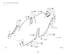 183
FIG.64-01 INSIDE TRIM BOARD & DOOR OPENING TRIM MOULDING
(1212- )
643228-A
REFER TO
FIG
(PNC 64730B(RH))
(PNC 64740C(LH))
82711-BZ140(3)
64-04
62111C
62112
62117B
62117B
62211
62211T
62212
62313D
62314D
62333A
62334A
62401A
62411B
62412B
62413A
62414A
62461H
62471A
62472A
6791367913A
67913A
67914
67917A
67918A
67918C
82711-BZ160
 
