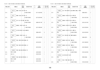 184
FIG.64-01 INSIDE TRIM BOARD & DOOR OPENING TRIM MOULDING
PROD_DATE MODELS
SPEC
CODE
DESCRIPTION
R
/
P
PART
NUMBER
O
Y
T
REV_REF
FR TO
+----------+
| 62111C | BOARD, COWL SIDE TRIM, RH
+----------+
1212 - B100 DK.GRAY(TRIM1#) 62111-BZ190-B0 1
+----------+
| 62112 | BOARD, COWL SIDE TRIM, LH
+----------+
1212 - B100 DK.GRAY(TRIM1#) 62112-BZ190-B0 1
+----------+
| 62117B | CLIP, NO.1(FOR COWL SIDE TRIM)
+----------+
1212 - B100 DK.GRAY(TRIM1#) 9004A-46131-B0 2
+----------+
| 62211 | GARNISH, FRONT PILLAR, RH
+----------+
1212 - B100 LT.GRAY(TRIM1#) 62211-BZ200-B0 1
+----------+
| 62211T | CLIP(FOR FRONT PILLAR GARNISH)
+----------+
1212 - B100 9004A-46275- 6
+----------+
| 62212 | GARNISH, FRONT PILLAR, LH
+----------+
1212 - B100 LT.GRAY(TRIM1#) 62212-BZ200-B0 1
+----------+
| 62313D | TRIM, FRONT DOOR OPENING, RH
+----------+
1212 - B100 62313-BZ120- 1
+----------+
| 62314D | TRIM, FRONT DOOR OPENING, LH
+----------+
1212 - B100 62313-BZ120- 1
+----------+
| 62333A | TRIM, REAR DOOR OPENING, RH
+----------+
1212 - B100..LO,MID 62333-BZ070- 1
1212 - B100..HI 62333-BZ150- 1
+----------+
| 62334A | TRIM, REAR DOOR OPENING, LH
+----------+
1212 - B100..LO,MID 62333-BZ070- 1
1212 - B100..HI 62333-BZ150- 1
FIG.64-01 INSIDE TRIM BOARD & DOOR OPENING TRIM MOULDING
PROD_DATE MODELS
SPEC
CODE
DESCRIPTION
R
/
P
PART
NUMBER
O
Y
T
REV_REF
FR TO
+----------+
| 62401A | CLIP (FOR CENTER PILLAR GARNISH PANEL, UPPER)
+----------+
1212 - B100 9004A-46275- 2
+----------+
| 62411B | GARNISH, CENTER PILLAR, UPPER RH
+----------+
1212 - B100 LT.GRAY(TRIM1#) 62411-BZ110-B0 1
+----------+
| 62412B | GARNISH, CENTER PILLAR, UPPER LH
+----------+
1212 - B100 LT.GRAY(TRIM1#) 62412-BZ110-B0 1
+----------+
| 62413A | GARNISH, CENTER PILLAR, LOWER RH
+----------+
1212 - B100 DK.GRAY(TRIM1#) 62413-BZ160-B0 1
+----------+
| 62414A | GARNISH, CENTER PILLAR, LOWER LH
+----------+
1212 - B100 DK.GRAY(TRIM1#) 62414-BZ160-B0 1
+----------+
| 62461H | CLIP (FOR ROOF SIDE INNER GARNISH)
+----------+
1212 - B100..HI 9004A-46275- 10
+----------+
| 62471A | GARNISH, ROOF SIDE, INNER RH
+----------+
1212 - B100..HI LT.GRAY(TRIM1#) 62471-BZ260-B0 1
+----------+
| 62472A | GARNISH, ROOF SIDE, INNER LH
+----------+
1212 - B100..HI LT.GRAY(TRIM1#) 62472-BZ260-B0 1
+----------+
| 67913 | PLATE, FRONT DOOR SCUFF, RH
+----------+
1212 - B100 DK.GRAY(TRIM1#) 67913-BZ120-B0 1
+----------+
| 67913A | CLIP(FOR SCUFF PLATE)
+----------+
1212 - B100 90044-68288- 4
+----------+
| 67914 | PLATE, FRONT DOOR SCUFF, LH
+----------+
1212 - B100 DK.GRAY(TRIM1#) 67914-BZ120-B0 1
 