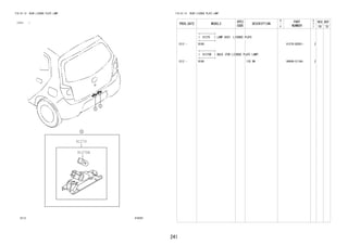 241
FIG.81-13 REAR LICENSE PLATE LAMP
(1212- )
816391
81270
81270B
FIG.81-13 REAR LICENSE PLATE LAMP
PROD_DATE MODELS
SPEC
CODE
DESCRIPTION
R
/
P
PART
NUMBER
O
Y
T
REV_REF
FR TO
+----------+
| 81270 | LAMP ASSY, LICENSE PLATE
+----------+
1212 - B100 81270-B2051- 2
+----------+
| 81270B | BULB (FOR LICENSE PLATE LAMP)
+----------+
1212 - B100 12V 5W 90049-51184- 2
 
