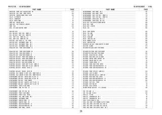 PART NAME PAGE
PROTECTOR, FRONT SEAT CUSHION EDGE, RH　････････････････････････････････････････････ 213
PROTECTOR, FUEL TANK, LOWER CENTER　････････････････････････････････････････････････ 235
PROTECTOR, PARKING BRAKE CABLE JOINT　･･････････････････････････････････････････････ 128
PULLEY, ALTERNATOR　････････････････････････････････････････････････････････････････ 76
PULLEY, CRANKSHAFT　････････････････････････････････････････････････････････････････ 57
PULLEY, WATER PUMP　････････････････････････････････････････････････････････････････ 62
PUMP ASSY, ENGINE WATER　･･･････････････････････････････････････････････････････････ 62
PUMP ASSY, FUEL W/MOTOR & BRACKET　･････････････････････････････････････････････････ 234
PUMP, FUEL　････････････････････････････････････････････････････････････････････････ 234
RACE, 4TH GEAR BEARING INNER　･･････････････････････････････････････････････････････ 89
RADIATOR ASSY　･････････････････････････････････････････････････････････････････････ 65
RAIL SUB-ASSY, ROOF SIDE, INNER LH　････････････････････････････････････････････････ 178
RAIL SUB-ASSY, ROOF SIDE, INNER RH　････････････････････････････････････････････････ 178
RAIL, ROOF SIDE, INNER NO.2 LH　････････････････････････････････････････････････････ 178
RAIL, ROOF SIDE, INNER NO.2 RH　････････････････････････････････････････････････････ 178
RECEIVER, CASE COVER OIL, NO.1(MTM)　･･･････････････････････････････････････････････ 84
REGISTER ASSY, INSTRUMENT PANEL, NO.1　･････････････････････････････････････････････ 166
REGISTER ASSY, INSTRUMENT PANEL, NO.1　･････････････････････････････････････････････ 167
REGISTER ASSY, INSTRUMENT PANEL, NO.2　･････････････････････････････････････････････ 167
REGULATOR ASSY, FRONT DOOR WINDOW, LH　･････････････････････････････････････････････ 196
REGULATOR ASSY, FRONT DOOR WINDOW, RH　･････････････････････････････････････････････ 196
REGULATOR ASSY, REAR DOOR WINDOW, LH　･･････････････････････････････････････････････ 204
REGULATOR ASSY, REAR DOOR WINDOW, RH　･･････････････････････････････････････････････ 204
REGULATOR SUB-ASSY, FRONT DOOR WINDOW, LH　･････････････････････････････････････････ 196
REGULATOR SUB-ASSY, FRONT DOOR WINDOW, RH　･････････････････････････････････････････ 196
REGULATOR SUB-ASSY, REAR DOOR WINDOW, LH　･･････････････････････････････････････････ 204
REGULATOR SUB-ASSY, REAR DOOR WINDOW, RH　･･････････････････････････････････････････ 204
REINFORCE SUB-ASSY, FRONT BODY PILLAR, LOWER LH　･･･････････････････････････････････ 178
REINFORCE SUB-ASSY, FRONT BODY PILLAR, LOWER RH　･･･････････････････････････････････ 178
REINFORCE SUB-ASSY, ROCKER, OUTER LH　･･････････････････････････････････････････････ 178
REINFORCE SUB-ASSY, ROCKER, OUTER RH　･･････････････････････････････････････････････ 178
REINFORCE, BELT ANCHOR TO ROOF SIDE, INNER REAR LH　････････････････････････････････ 180
REINFORCE, BELT ANCHOR TO ROOF SIDE, INNER REAR RH　････････････････････････････････ 180
REINFORCEMENT SUB-ASSY, CENTER BODY PILLAR, LH　････････････････････････････････････ 178
REINFORCEMENT SUB-ASSY, CENTER BODY PILLAR, RH　････････････････････････････････････ 178
REINFORCEMENT SUB-ASSY, FRONT BUMPER　･･････････････････････････････････････････････ 159
REINFORCEMENT SUB-ASSY, QUARTER LOCK PILLAR, LH　･･･････････････････････････････････ 179
REINFORCEMENT SUB-ASSY, QUARTER LOCK PILLAR, RH　･･･････････････････････････････････ 179
REINFORCEMENT, CENTER FLOOR PANEL　･････････････････････････････････････････････････ 173
REINFORCEMENT, COWL TOP SIDE, LH　･･････････････････････････････････････････････････ 168
REINFORCEMENT, COWL TOP SIDE, RH　･･････････････････････････････････････････････････ 168
REINFORCEMENT, FRONT FLOOR UNDER　･･････････････････････････････････････････････････ 173
REINFORCEMENT, FRONT FLOOR, UPPER　･････････････････････････････････････････････････ 173
REINFORCEMENT, FUEL TANK FLANGE, NO.1　･････････････････････････････････････････････ 234
REINFORCEMENT, INSTRUMENT PANEL　･･･････････････････････････････････････････････････ 166
REINFORCEMENT, QUARTER PANEL, LH　･･････････････････････････････････････････････････ 179
REINFORCEMENT, QUARTER PANEL, RH　･･････････････････････････････････････････････････ 179
REINFORCEMENT, RADIATOR MOUNTING, LH　･･････････････････････････････････････････････ 162
REINFORCEMENT, RADIATOR MOUNTING, RH　･･････････････････････････････････････････････ 162
REINFORCEMENT, ROOF PANEL, CENTER　･････････････････････････････････････････････････ 182
PROTECTOR, - REINFORCEMENT,
PART NAME PAGE
REINFORCEMENT, ROOF PANEL, NO.3　･･･････････････････････････････････････････････････ 182
REINFORCEMENT, ROOF PANEL, REAR　･･･････････････････････････････････････････････････ 182
REINFORCEMENT, ROOF SIDE RAIL, INNER LH　･･･････････････････････････････････････････ 178
REINFORCEMENT, ROOF SIDE RAIL, INNER RH　･･･････････････････････････････････････････ 178
REINFORCEMENT, UPPER BACK, NO.4 LH　････････････････････････････････････････････････ 180
REINFORCEMENT, UPPER BACK, NO.4 RH　････････････････････････････････････････････････ 180
RELAY ASSY (FOR HEATER BLOWER MOTOR)　･･････････････････････････････････････････････ 260
RELAY ASSY, HORN　･･････････････････････････････････････････････････････････････････ 260
RELAY ASSY, STARTER　･･･････････････････････････････････････････････････････････････ 258
RELAY, ACC　････････････････････････････････････････････････････････････････････････ 260
RELAY, DOOR CONTROL　･･･････････････････････････････････････････････････････････････ 260
RELAY, FOG LAMP　･･･････････････････････････････････････････････････････････････････ 260
RELAY, FUEL PUMP　･･････････････････････････････････････････････････････････････････ 260
RELAY, HEADLAMP　･･･････････････････････････････････････････････････････････････････ 260
RELAY, IGNITION, NO.1　･････････････････････････････････････････････････････････････ 258
RELAY, MAGNET-CLUTCH　･･････････････････････････････････････････････････････････････ 260
RELAY, RADIATOR FAN　･･･････････････････････････････････････････････････････････････ 260
RESERVOIR SUB-ASSY, BRAKE MASTER CYLINDER　･････････････････････････････････････････ 130
RESISTOR, BLOWER　･･････････････････････････････････････････････････････････････････ 279
RETAINER(FOR BACK DOOR TRIM BOARD)　････････････････････････････････････････････････ 206
RETAINER(FOR FRONT DOOR TRIM BOARD)　･･･････････････････････････････････････････････ 192
RETAINER(FOR REAR DOOR TRIM BOARD)　････････････････････････････････････････････････ 200
RETAINER, ADJUSTING BOLT SPRING　･･･････････････････････････････････････････････････ 137
RETAINER, BACK DOOR LOCK CYLINDER　･････････････････････････････････････････････････ 210
RETAINER, ENGINE FRONT SUPPORT, RH　････････････････････････････････････････････････ 160
RETAINER, ENGINE REAR OIL SEAL　････････････････････････････････････････････････････ 52
RETAINER, FENDER APRON, LH　････････････････････････････････････････････････････････ 159
RETAINER, FRONT DOOR TRIM, UPPER　･･････････････････････････････････････････････････ 192
RETAINER, FRONT DOOR WEATHERSTRIP, LH　･････････････････････････････････････････････ 192
RETAINER, FRONT DOOR WEATHERSTRIP, RH　･････････････････････････････････････････････ 192
RETAINER, FRONT SPOILER, LOWER NO.1　･･･････････････････････････････････････････････ 230
RETAINER, LOCK CYLINDER　･･･････････････････････････････････････････････････････････ 210
RETAINER, RADIATOR GRILLE, LOWER NO.1　･････････････････････････････････････････････ 154
RETAINER, REAR DOOR TRIM, UPPER　･･･････････････････････････････････････････････････ 200
RETAINER, REAR DOOR WEATHERSTRIP, LH　･･････････････････････････････････････････････ 200
RETAINER, REAR DOOR WEATHERSTRIP, RH　･･････････････････････････････････････････････ 200
RETAINER, SEAT RAIL, FRONT　････････････････････････････････････････････････････････ 173
RETAINER, SHIFTING KEY　････････････････････････････････････････････････････････････ 89
RETAINER, VALVE SPRING　････････････････････････････････････････････････････････････ 59
RETURN SPRING SUB-ASSY, 1ST & REVERSE　･････････････････････････････････････････････ 106
RIM, FOG LAMP, LH　･････････････････････････････････････････････････････････････････ 239
RIM, FOG LAMP, RH NO.1　････････････････････････････････････････････････････････････ 239
RING SET, PISTON　･･････････････････････････････････････････････････････････････････ 56
RING SET, SYNCHRONIZER, NO.1　･･････････････････････････････････････････････････････ 88
RING SET, SYNCHRONIZER, NO.2　･･････････････････････････････････････････････････････ 88
RING, CLUTCH DRUM OIL SEAL　････････････････････････････････････････････････････････ 97
RING, HOLE SNAP (FOR FORWARD CLUTCH FLANGE)　･･･････････････････････････････････････ 103
RING, HOLE SNAP (FOR FRONT AXLE HUB LH)　･･･････････････････････････････････････････ 121
RING, HOLE SNAP (FOR FRONT AXLE HUB RH)　･･･････････････････････････････････････････ 120
RING, HOLE SNAP (FOR OUTPUT SHAFT, NO.1)　･･････････････････････････････････････････ 107
REINFORCEMENT, - RING,
26
 