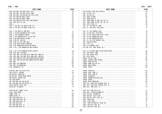 PART NAME PAGE
RING, HOLE SNAP (FOR OUTPUT SHAFT, NO.2)　･･････････････････････････････････････････ 107
RING, HOLE SNAP (FOR REAR CLUTCH FLANGE)　･･････････････････････････････････････････ 103
RING, HOLE SNAP (FOR REAR MULTIPLE DISC CLUTHC)　･･･････････････････････････････････ 103
RING, HOLE SNAP(FOR BRAKE FLANGE)　･････････････････････････････････････････････････ 104
RING, HOLE SNAP(FOR BRAKE FLANGE)　･････････････････････････････････････････････････ 105
RING, HOLE SNAP(FOR OUTPUT SHAFT REAR BEARING)　････････････････････････････････････ 88
RING, INPUT SHAFT OIL SEAL　････････････････････････････････････････････････････････ 103
RING, O　･･･････････････････････････････････････････････････････････････････････････ 279
RING, O (FOR 2ND & 4TH BRAKE PISTON, NO.1)　････････････････････････････････････････ 104
RING, O (FOR 2ND & 4TH BRAKE PISTON, NO.2)　････････････････････････････････････････ 104
RING, O (FOR FRONT OIL PUMP BODY)　･････････････････････････････････････････････････ 97
RING, O (FOR MTM SPEEDOMETER SHAFT SLEEVE)　････････････････････････････････････････ 86
RING, O (FOR SPEEDOMETER SENSOR)　･･････････････････････････････････････････････････ 258
RING, O (FOR TRANSMISSION OIL FILLER TUBE)　････････････････････････････････････････ 100
RING, O(FOR BRAKE MASTER CYLINDER)　････････････････････････････････････････････････ 130
RING, O(FOR FUEL INJECTOR)　････････････････････････････････････････････････････････ 79
RING, O(FOR OIL LEVEL GAGE GUIDE)　･････････････････････････････････････････････････ 51
RING, O(FOR TRANS SOLENOID CONNECTOR)　･････････････････････････････････････････････ 100
RING, O(FOR TRANSMISSION REVOLUTION SENSOR)　･･･････････････････････････････････････ 100
RING, O, NO.1 (FOR TRANSMISSION 3WAY SOLENOID)　････････････････････････････････････ 109
RING, O, NO.2 (FOR TRANSMISSION 3WAY SOLENOID)　････････････････････････････････････ 109
RING, SHAFT SNAP (FOR BRAKE)　･･････････････････････････････････････････････････････ 104
RING, SHAFT SNAP (FOR FRONT DRIVE INNER SHAFT INNER LH)　･･･････････････････････････ 119
RING, SHAFT SNAP (FOR FRONT DRIVE INNER SHAFT INNER RH)　･･･････････････････････････ 119
RING, SHAFT SNAP(FOR FRONT DOOR WINDOW REGULATOR HANDLE)　･･････････････････････････ 196
RING, SHAFT SNAP(FOR REAR DOOR WINDOW REGULATOR HANDLE)　･･･････････････････････････ 204
RING, SNAP　････････････････････････････････････････････････････････････････････････ 285
RING, SNAP (FOR COMPRESSOR)　･･･････････････････････････････････････････････････････ 285
RING, SNAP (FOR COMPRESSOR)　･･･････････････････････････････････････････････････････ 286
RING, SYNCHRONIZER, NO.1　･･････････････････････････････････････････････････････････ 89
RING,HOLE SNAP (FOR CLUTCH PLATE)　･････････････････････････････････････････････････ 107
RING,O(FOR OIL STRAINER)　･･････････････････････････････････････････････････････････ 100
ROD SUB-ASSY, CONNECTING　･･････････････････････････････････････････････････････････ 57
ROD SUB-ASSY, ENGINE MOVING CONTROL　･･･････････････････････････････････････････････ 54
ROD SUB-ASSY, PARKING LOCK　････････････････････････････････････････････････････････ 110
ROD, HOOD SUPPORT　･････････････････････････････････････････････････････････････････ 157
ROD, REAR DOOR LOCK PUSH BUTTON　･･･････････････････････････････････････････････････ 203
ROD, REAR DOOR LOCK PUSH BUTTON, LH　･･･････････････････････････････････････････････ 203
ROLLER BEARING, OUTPUT SHAFT　･･････････････････････････････････････････････････････ 107
ROTOR ASSY, ALTERNATOR　････････････････････････････････････････････････････････････ 76
ROTOR SUB-ASSY, MAGNET CLUTCH　･････････････････････････････････････････････････････ 285
ROTOR, SPEED SENSOR　･･･････････････････････････････････････････････････････････････ 117
RUBBER, WIPER, LH　･････････････････････････････････････････････････････････････････ 266
RUBBER, WIPER, RH　･････････････････････････････････････････････････････････････････ 266
RUN, FRONT DOOR GLASS, LH　･････････････････････････････････････････････････････････ 193
RUN, FRONT DOOR GLASS, NO.2　･･･････････････････････････････････････････････････････ 193
RUN, FRONT DOOR GLASS, RH　･････････････････････････････････････････････････････････ 192
RUN, REAR DOOR GLASS　･･････････････････････････････････････････････････････････････ 200
RUN, REAR DOOR GLASS, LH　･･････････････････････････････････････････････････････････ 201
RUN, REAR DOOR GLASS, RH　･･････････････････････････････････････････････････････････ 200
RING, - RUN,
PART NAME PAGE
SEAL OR RING, O(FOR VALVE STEM OIL)　･･･････････････････････････････････････････････ 58
SEAL, AIR DUCT, NO.1　･･････････････････････････････････････････････････････････････ 281
SEAL, AIR DUCT,NO.2　･･･････････････････････････････････････････････････････････････ 281
SEAL, BRAKE CYLINDER　･･････････････････････････････････････････････････････････････ 100
SEAL, ENGINE REAR OIL　･････････････････････････････････････････････････････････････ 52
SEAL, FRONT FENDER TO COWL SIDE, NO.2 LH　･･････････････････････････････････････････ 156
SEAL, FRONT FENDER TO COWL SIDE, NO.2 RH　･･････････････････････････････････････････ 156
SEAL, HOOD TO COWL TOP　････････････････････････････････････････････････････････････ 168
SEAL, OIL (FOR FRONT OIL PUMP)　････････････････････････････････････････････････････ 97
SEAL, OIL (FOR SELECT LEVER SHAFT)　････････････････････････････････････････････････ 92
SEAL, OIL (FOR TRANSAXLE CASE)　････････････････････････････････････････････････････ 99
SEAL, OIL(FOR SHIFT LEVER SHAFT)　･･････････････････････････････････････････････････ 92
SEAL, OIL(FOR TIMING CHAIN OR BELT COVER)　･････････････････････････････････････････ 52
SEAL, OIL(FOR TRANSMISSION CASE)　･･････････････････････････････････････････････････ 84
SEAL, OIL(FOR TRANSMISSION CASE)　･･････････････････････････････････････････････････ 84
SEAL, OIL, NO.2(FOR TRANSAXLE CASE)　･･･････････････････････････････････････････････ 99
SEAL, RADIATOR SUPPORT　････････････････････････････････････････････････････････････ 159
SEAL, TYPE T OIL　･･････････････････････････････････････････････････････････････････ 85
SEAL,OIL(FOR MANUAL VALVE)　････････････････････････････････････････････････････････ 110
SEAT SUB- ASSY, FRONT SPRING, NO.1　････････････････････････････････････････････････ 146
SEAT, 1ST & REVERSE BRAKE PISTON RETURN SPRING　････････････････････････････････････ 106
SEAT, REAR SPRING, LOWER　･･････････････････････････････････････････････････････････ 148
SEAT, REAR SPRING, UPPER　･･････････････････････････････････････････････････････････ 148
SEAT, VALVE SPRING　････････････････････････････････････････････････････････････････ 59
SENSOR, AIR BAG, FRONT　････････････････････････････････････････････････････････････ 265
SENSOR, AIRCONDITIONER PRESSURE　･･･････････････････････････････････････････････････ 284
SENSOR, CRANK POSITION　････････････････････････････････････････････････････････････ 52
SENSOR, CRANK POSITION, NO.1　･･････････････････････････････････････････････････････ 47
SENSOR, KNOCK CONTROL　･････････････････････････････････････････････････････････････ 260
SENSOR, OXYGEN　････････････････････････････････････････････････････････････････････ 260
SENSOR, OXYGEN NO.2　･･･････････････････････････････････････････････････････････････ 260
SENSOR, SPEED, FRONT LH　･･･････････････････････････････････････････････････････････ 263
SENSOR, SPEED, FRONT RH　･･･････････････････････････････････････････････････････････ 263
SENSOR, SPEEDOMETER　･･･････････････････････････････････････････････････････････････ 258
SENSOR, TRANSMISSION REVOLUTION　･･･････････････････････････････････････････････････ 100
SENSOR, VACUUM　････････････････････････････････････････････････････････････････････ 69
SENSOR, WATER TEMPERATURE　･････････････････････････････････････････････････････････ 260
SHAFT ASSY, FRONT DRIVE OUTBOARD JOINT, LH　････････････････････････････････････････ 119
SHAFT ASSY, FRONT DRIVE OUTBOARD JOINT, RH　････････････････････････････････････････ 119
SHAFT ASSY, FRONT DRIVE, LH　･･･････････････････････････････････････････････････････ 119
SHAFT ASSY, FRONT DRIVE, RH　･･･････････････････････････････････････････････････････ 119
SHAFT ASSY, STEERING INTERMEDIATE　･････････････････････････････････････････････････ 122
SHAFT SUB-ASSY, INTERMEDIATE　･･････････････････････････････････････････････････････ 106
SHAFT SUB-ASSY, SELECT LEVER　･･････････････････････････････････････････････････････ 92
SHAFT SUB-ASSY, SHIFT LEVER, NO.1　･････････････････････････････････････････････････ 92
SHAFT, BRAKE PEDAL　････････････････････････････････････････････････････････････････ 129
SHAFT, CLUTCH PEDAL　･･･････････････････････････････････････････････････････････････ 81
SHAFT, FRONT DIFFERENTIAL PINION, NO.1　････････････････････････････････････････････ 117
SHAFT, GEAR SHIFT FORK, NO.1　･･････････････････････････････････････････････････････ 92
SHAFT, GEAR SHIFT FORK, NO.2　･･････････････････････････････････････････････････････ 92
SEAL - SHAFT,
27
 